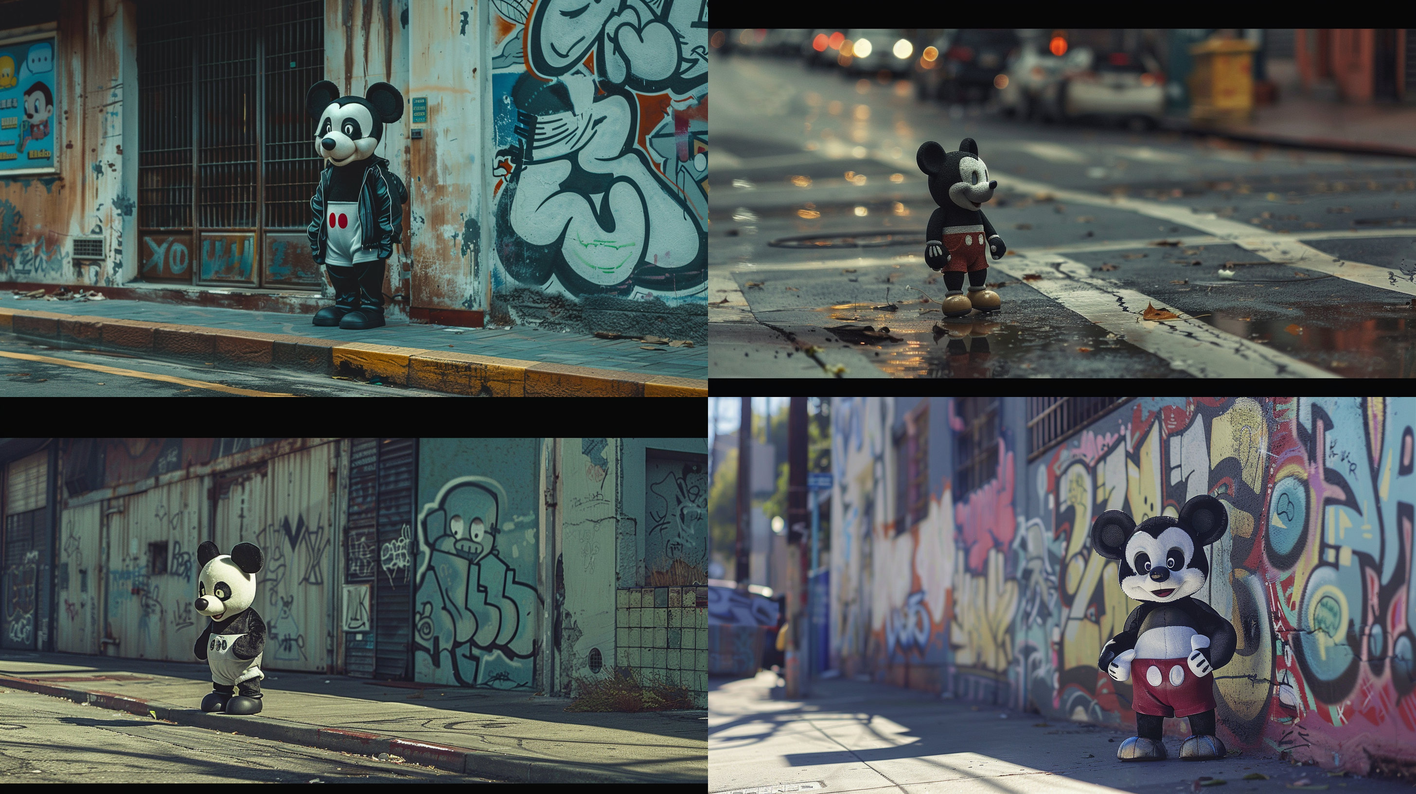 熊猫米奇站在街道转角处只露出头和半个身