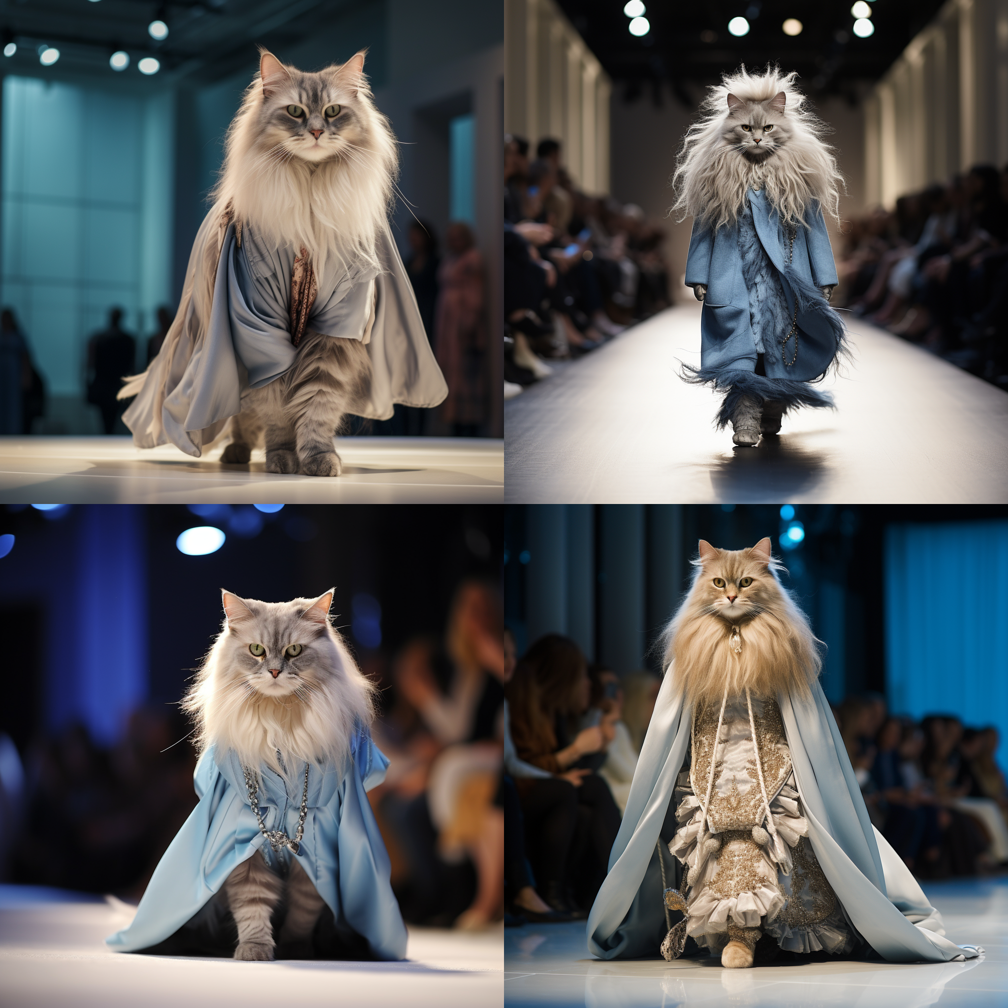 猫穿着时尚衣服在t台秀上，全身展示，正面视角，高个子，蓝色眼睛，非常漂亮，长毛猫，挺立行走，3:4比例，风格化1000。