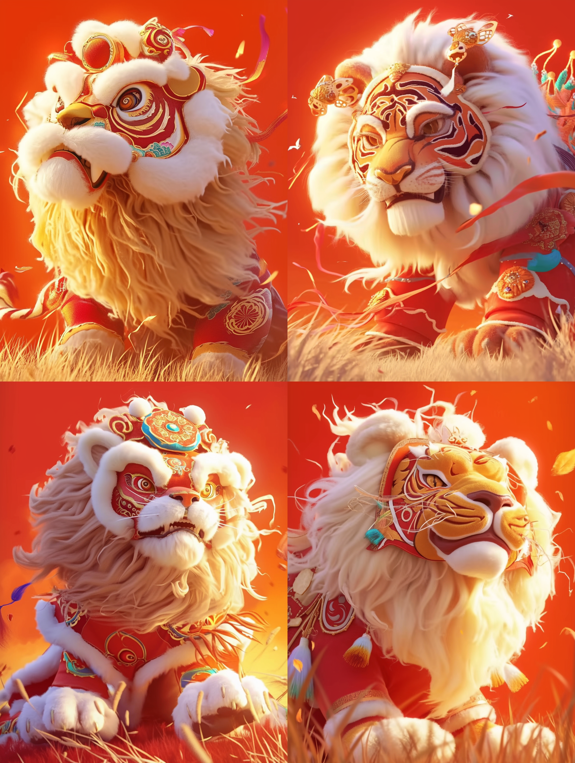 可爱醒狮，草原上，日落余晖，虎视眈眈，细节丰富，中焦镜头，自然光，毛发飘动，金黄色调，威严。