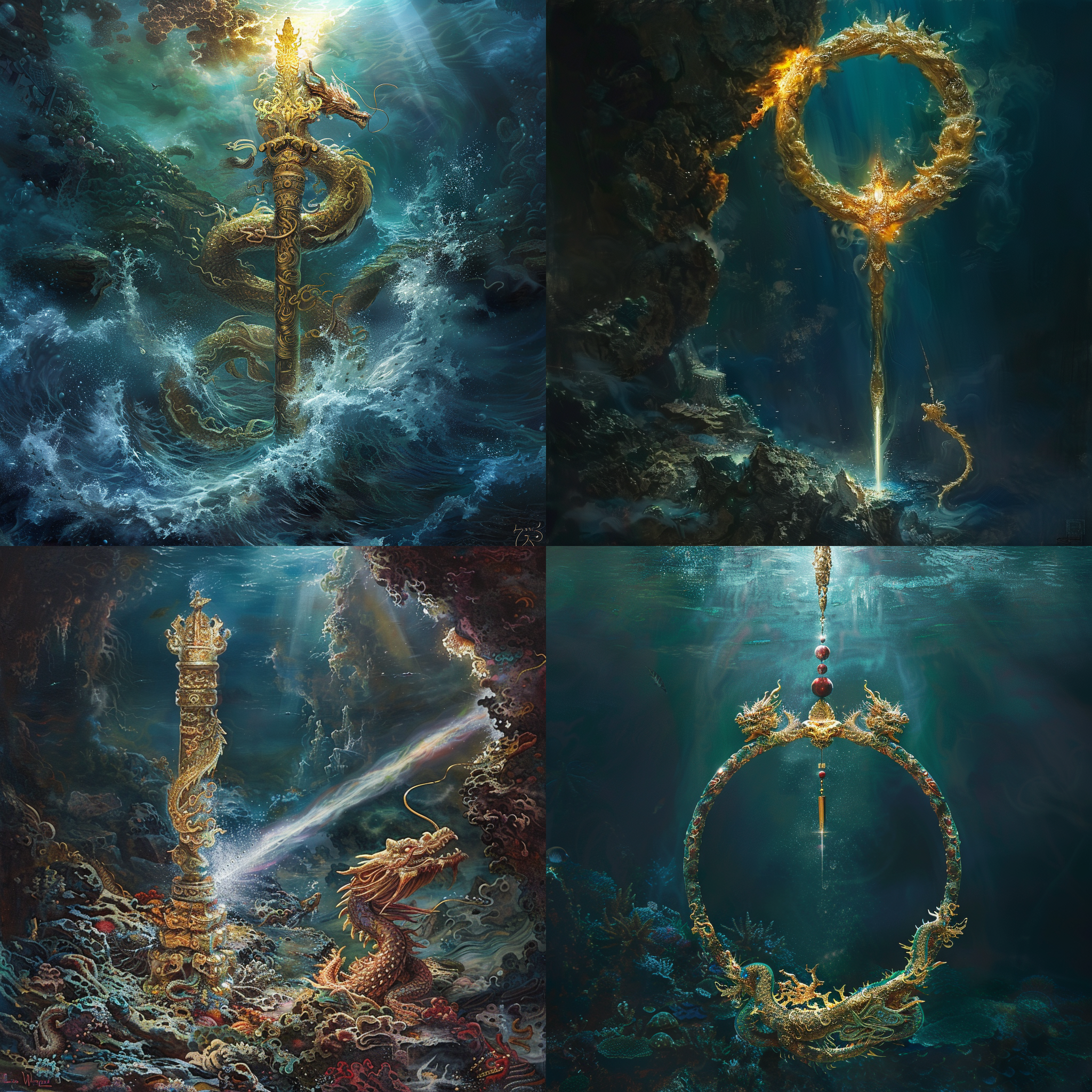 孙悟空武器-定海神针，如意金箍，固定在海底，直插海床，柱上镶有东方龙，小人划船惊讶，光束照射金箍，巨大，细节逼真，海洋画作，神话绘画，幻想细节，堆叠，3:4纵横比，f 6.0，原始风格。
