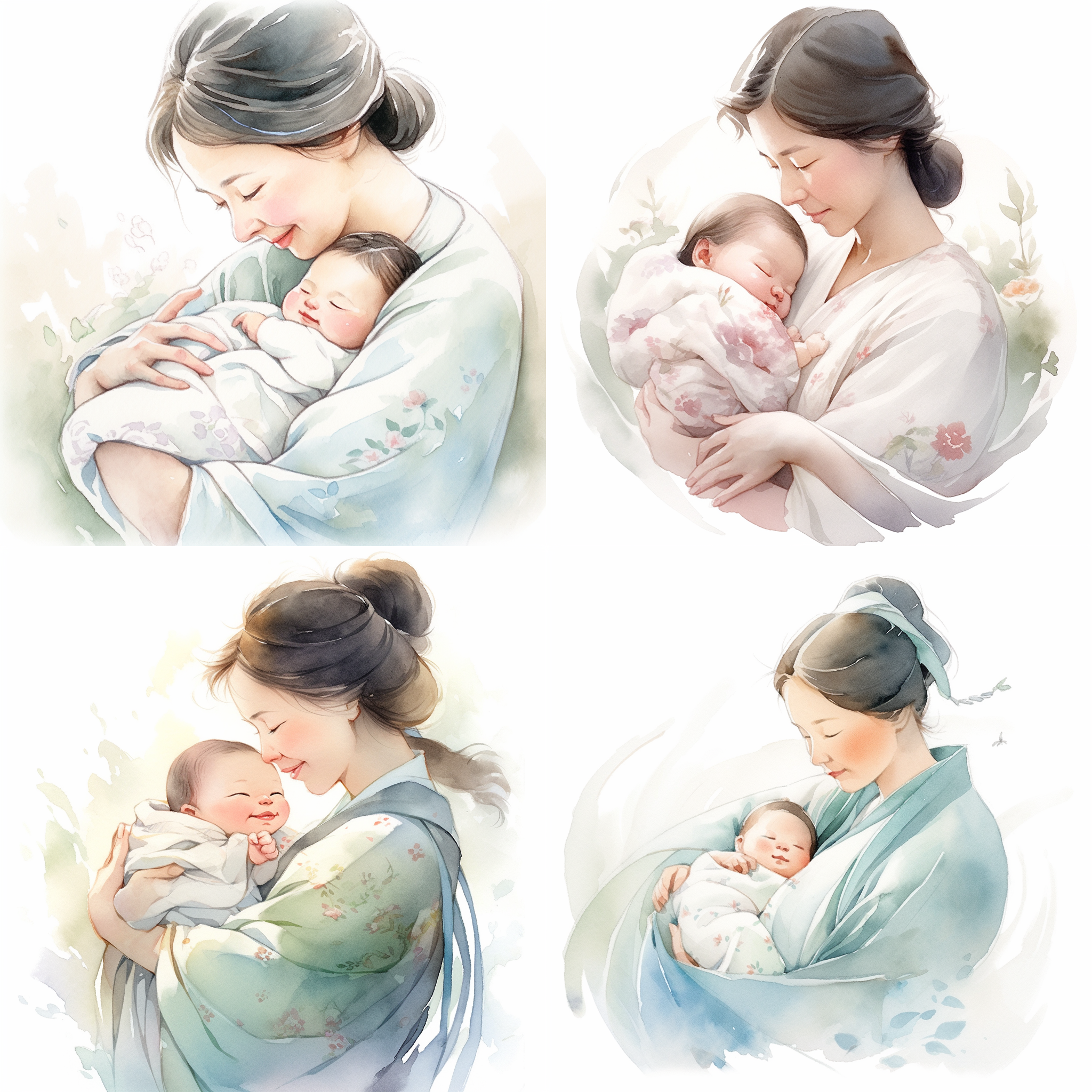 水彩，一个中国妈妈抱着初生婴儿在怀里，妈妈微笑的看着怀里的初生婴儿，初生婴儿在熟睡，白色背景，线条简约流畅，贝娅特丽克丝·波特风格