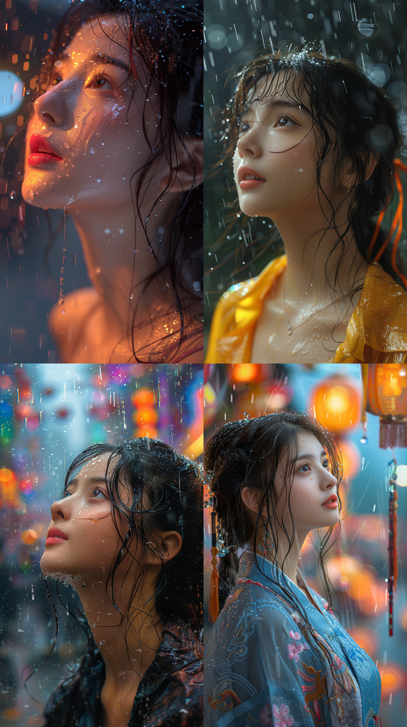 中国女士仰望天空，大雨澎湃，彩色的飘带飘满天空。真实风格，8k，底部透光，高清晰度，精致，现代风格服饰，美丽，梦幻，雨水，自由，坚定，神秘，情感。