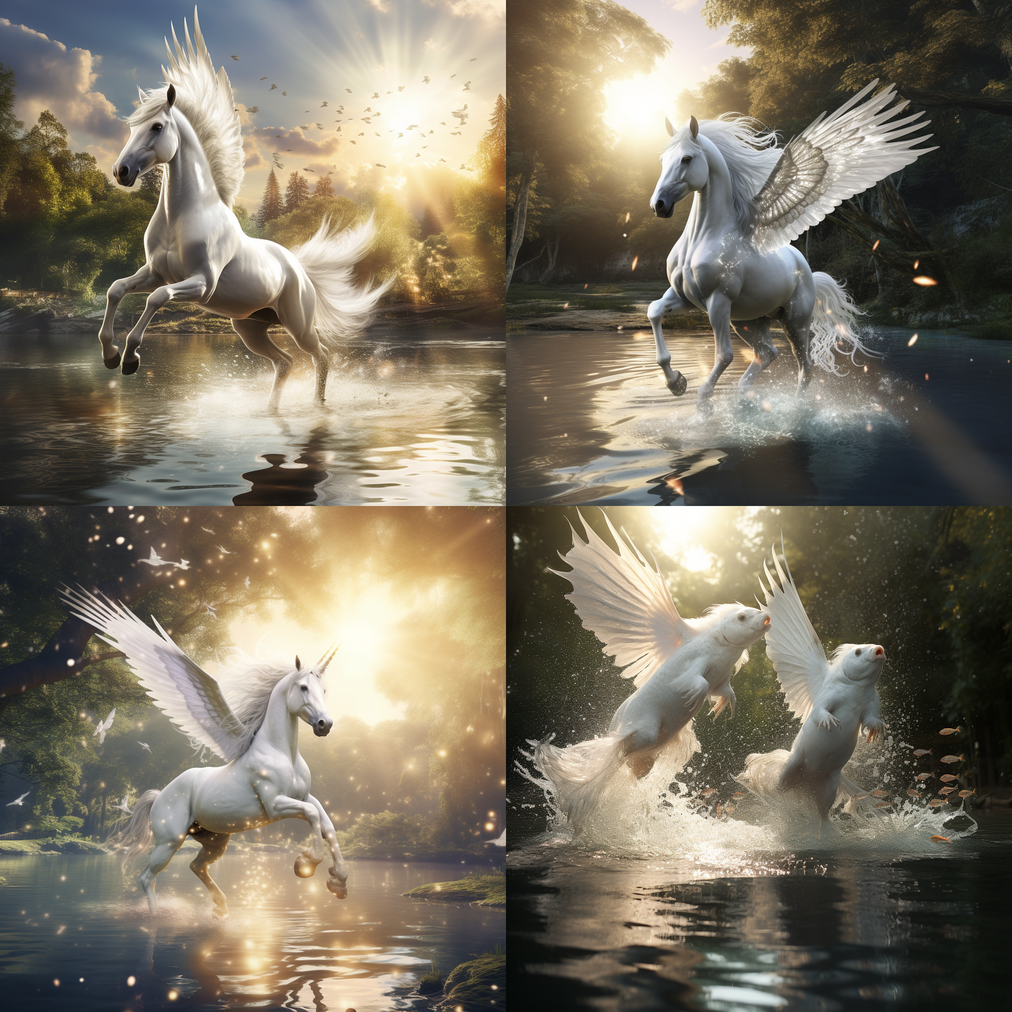 银白色光芒独角兽，降落江水上，鱼跃水面，广角镜头，逆光，静态，梦幻，奇幻，神秘，温柔，喜悦。