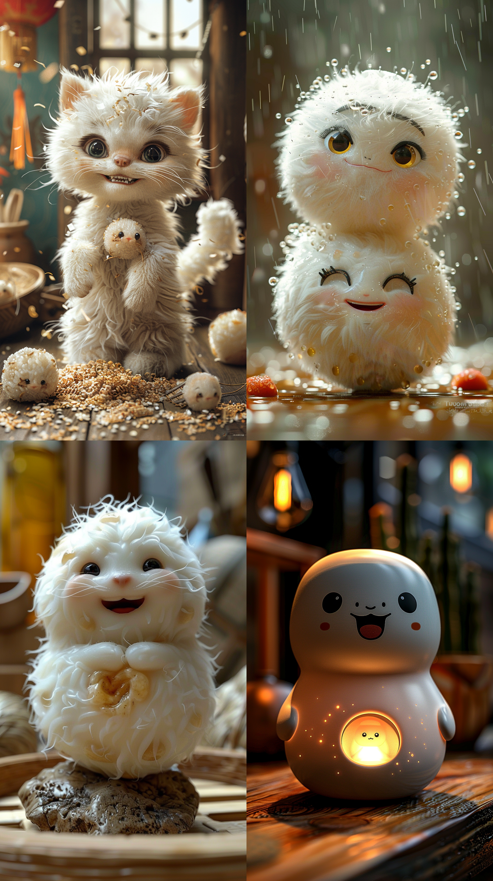 微型，一个碗里有很可爱的汤圆，可爱的表情，汤圆（元宵节用糯米粉做成的填充圆形球体），出色的照明，体积，画笔渲染，出色的灯光，体积，3d，超级细节