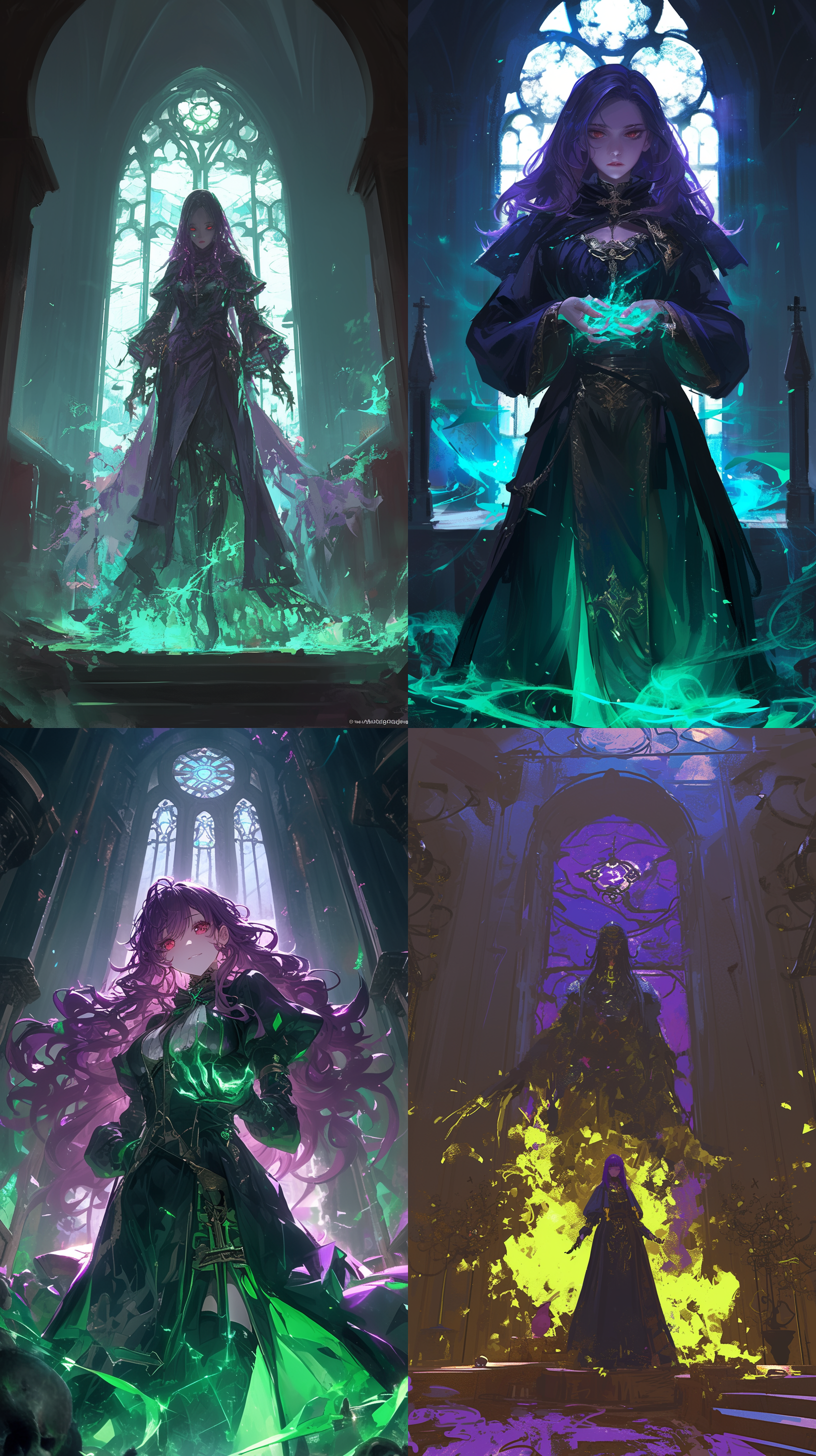 一位穿着法袍的紫发女巫站在教堂门口前，她的身影在昏暗的灯光下若隐若现，眼睛散发着红色的光芒，手上散发着绿色诡异的魔法光芒，地上出现绿色的魔法光阵，魔法符号悬浮，能量展现，细节丰富