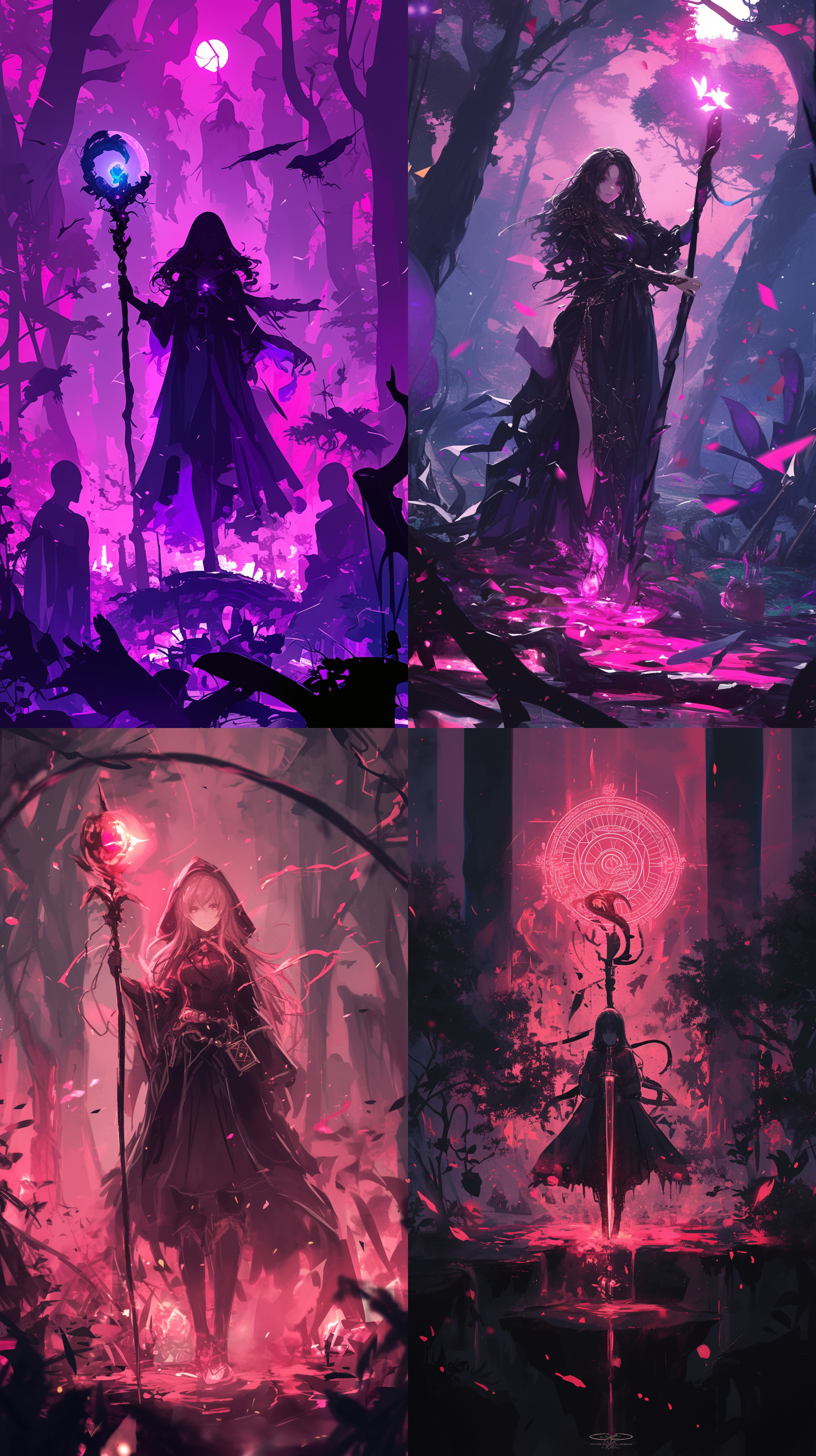 黑魔导女孩，站在神秘的森林中，穿着黑色长袍，手持发光的法杖，暗调环境，粉色色调，逆光拍摄，魔法光芒，神秘感，魔法符号悬浮，能量展现，细节丰富