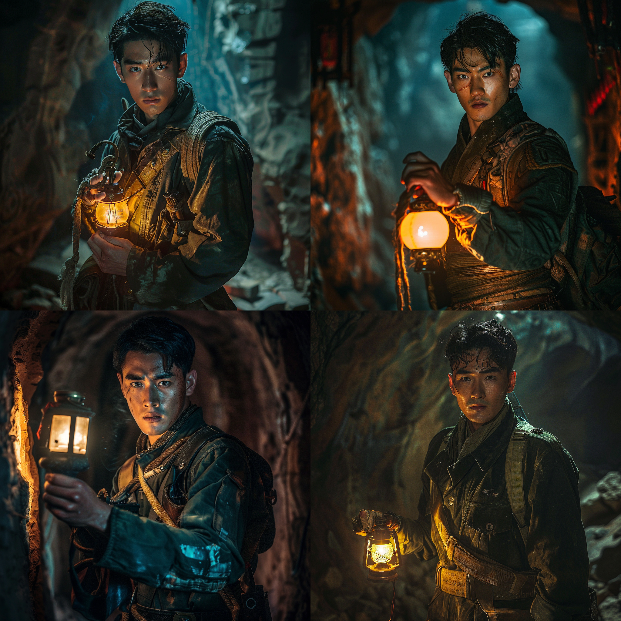 胡八一探险，古墓中，怀抱明灯，军装，寻宝，挑战，传奇色彩，照明道具，动作准备，刺激，英勇，紧张，男性主角，180cm身高，60kg体重。