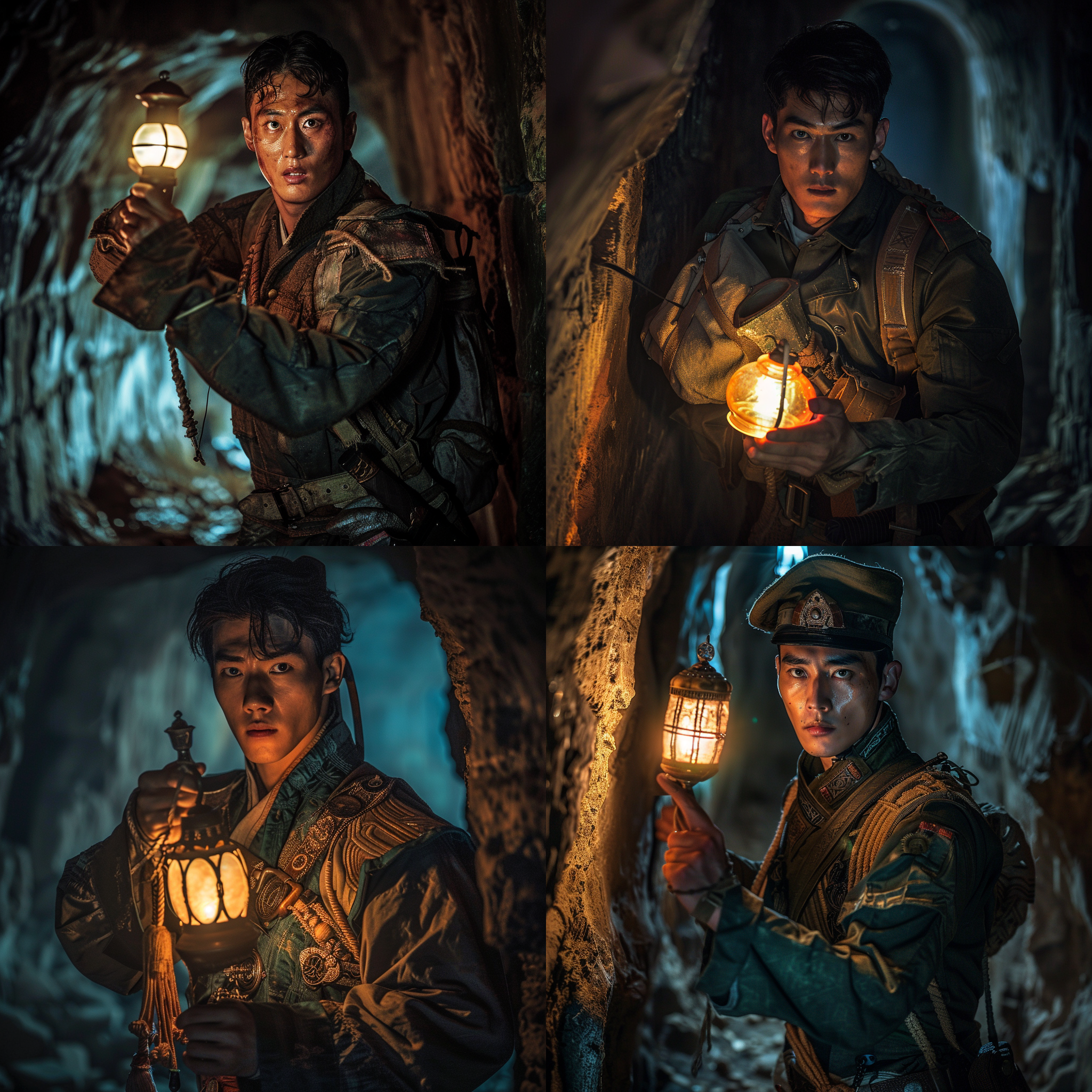 胡八一探险，古墓中，怀抱明灯，军装，寻宝，挑战，传奇色彩，照明道具，动作准备，刺激，英勇，紧张，男性主角，180cm身高，60kg体重。