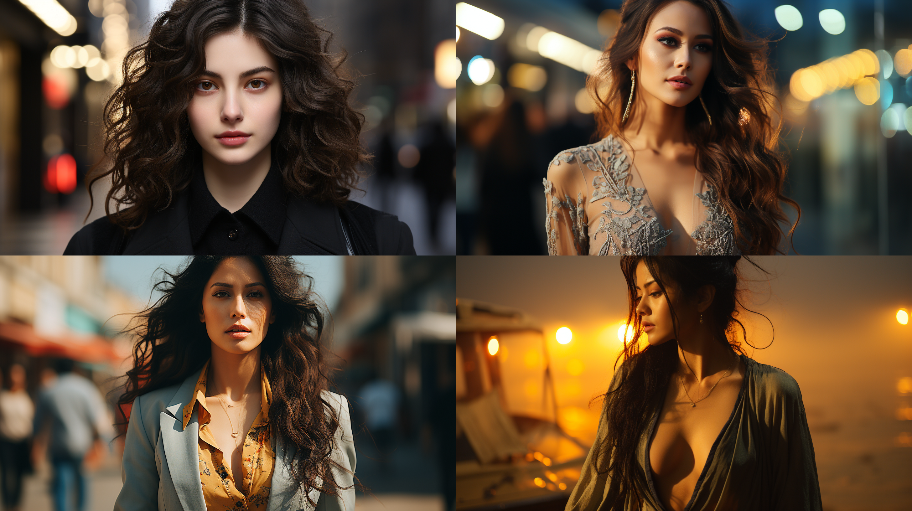 韩国美女，蕾丝外套，丝袜，高跟鞋。在城市街头，以斜线构图，拍摄于黄昏时分。使用长焦镜头，柔和侧光，细腻色彩，展现她优雅的步伐和自信的微笑。