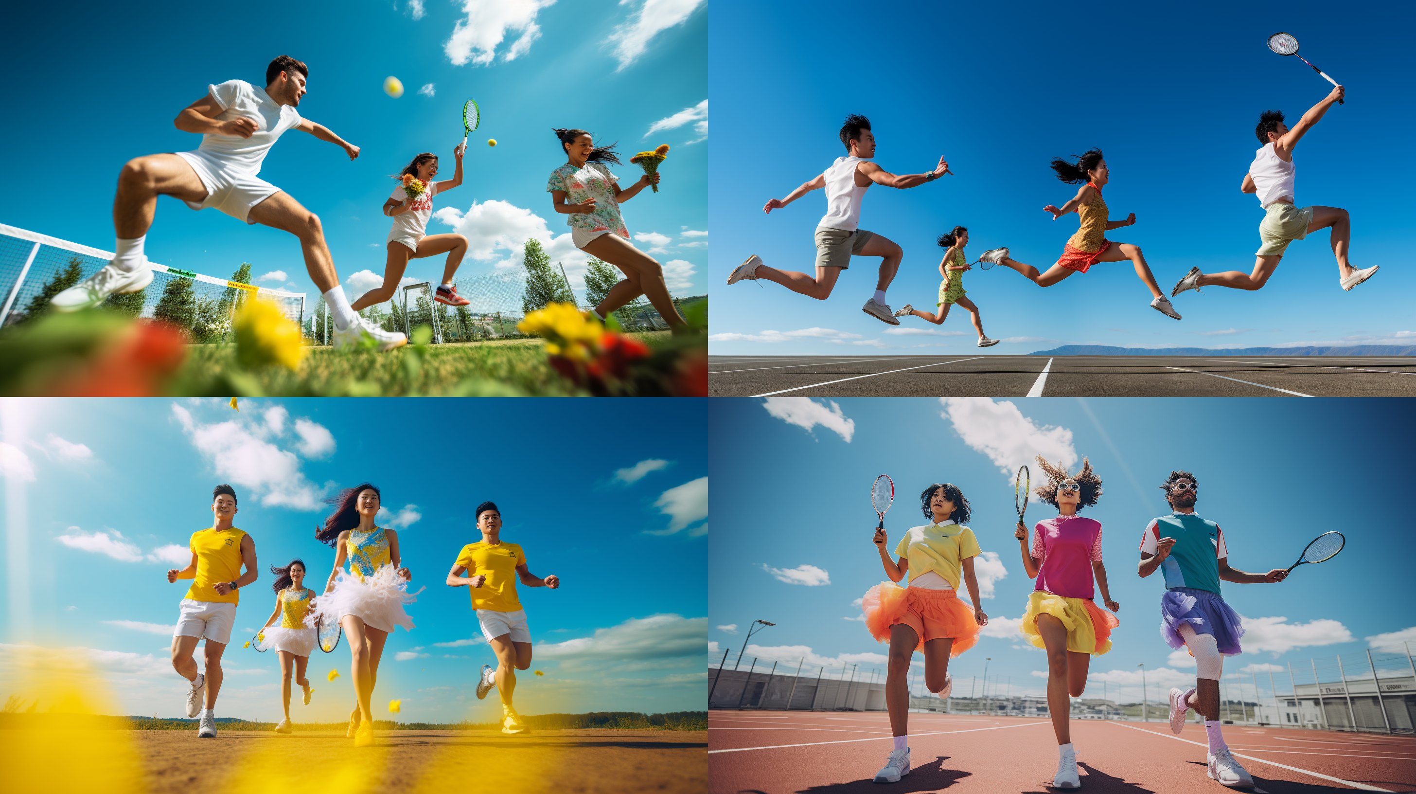 四人羽毛球，室外场地，高清晰度，全身拍摄，运动服装，动感表情，阳光下，中远景，长焦镜头，自然光，挥拍动作，活力四射，明亮色调。