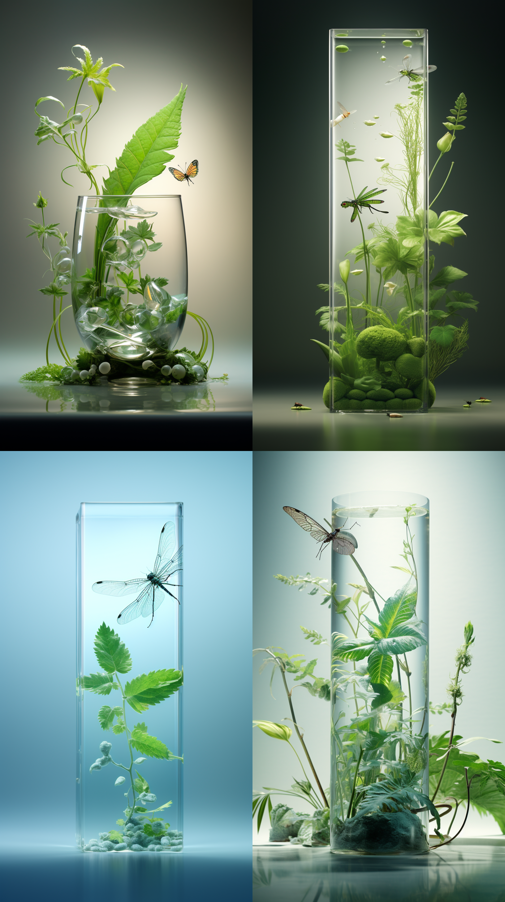 透明质感的玻璃制品，置于干净的背景中。绿色植物的点缀增添生气。一只闪烁着光芒的蜻蜓停在玻璃上。使用c4d技术呈现出精致而细腻的效果。高亮和高光突出了玻璃的质感。正面光照射下，展现出透明质感的魅力。