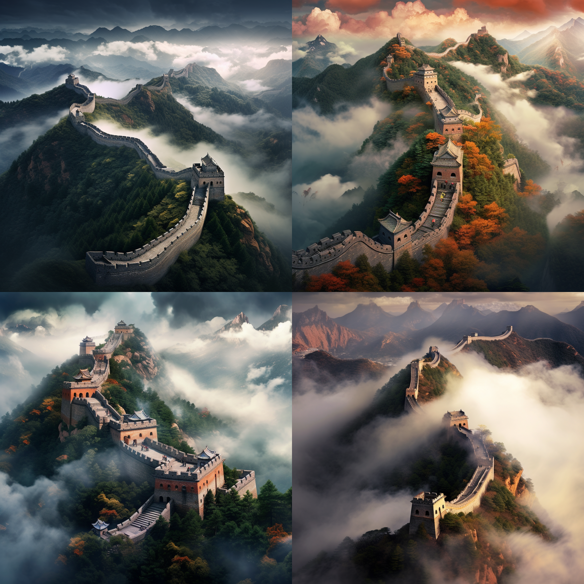 长城沿山脉伸展，云雾缭绕，rossdraws全局光照，细致的马特绘画，chris labrooy风格，照片写实感，广角镜头，自然光线，壮丽景色，浓郁色彩，宏伟气势。