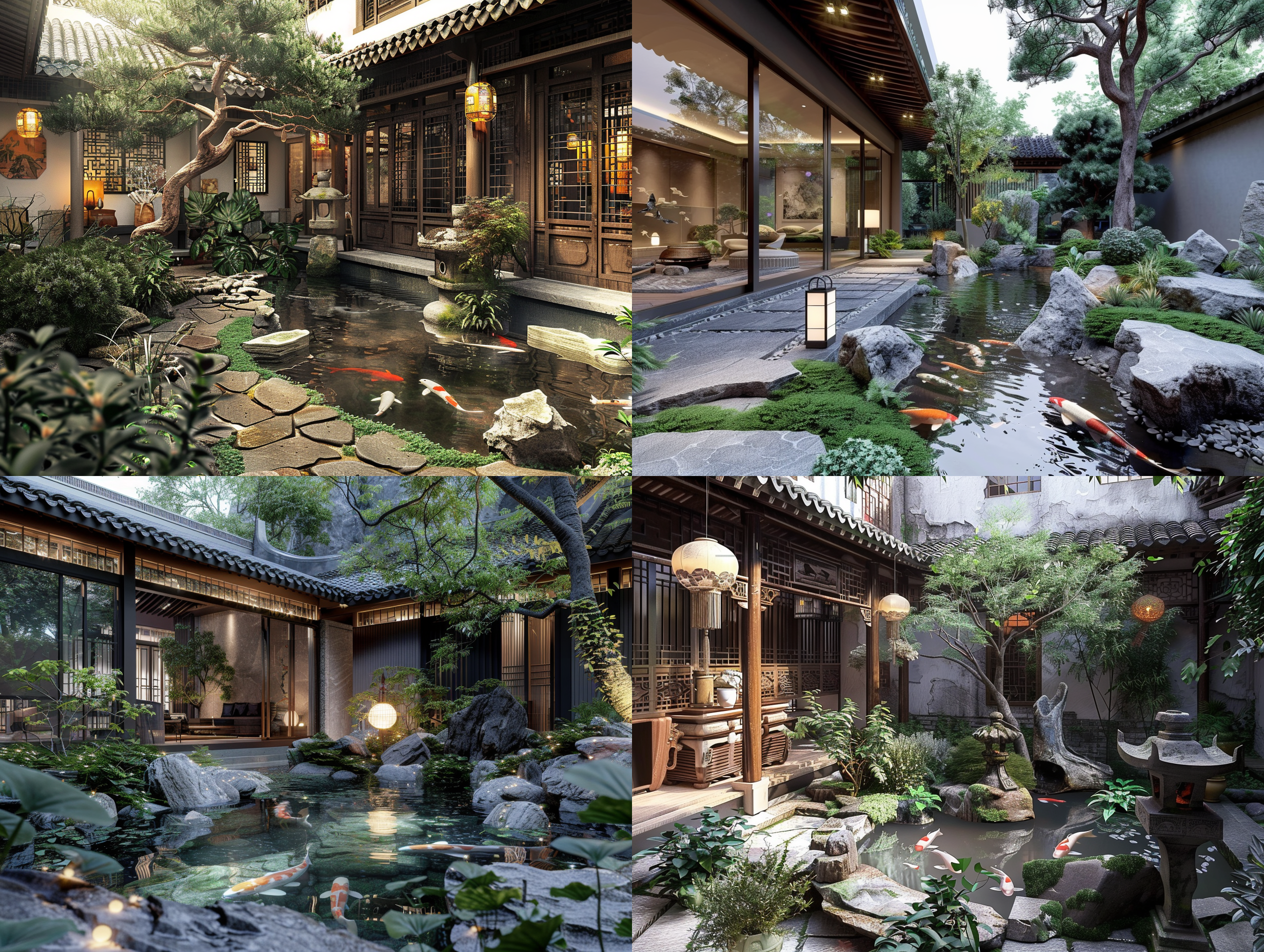 自然式庭院，皖南徽派建筑，锦鲤鱼池，假山叠水，仿古石灯，古松，青苔，