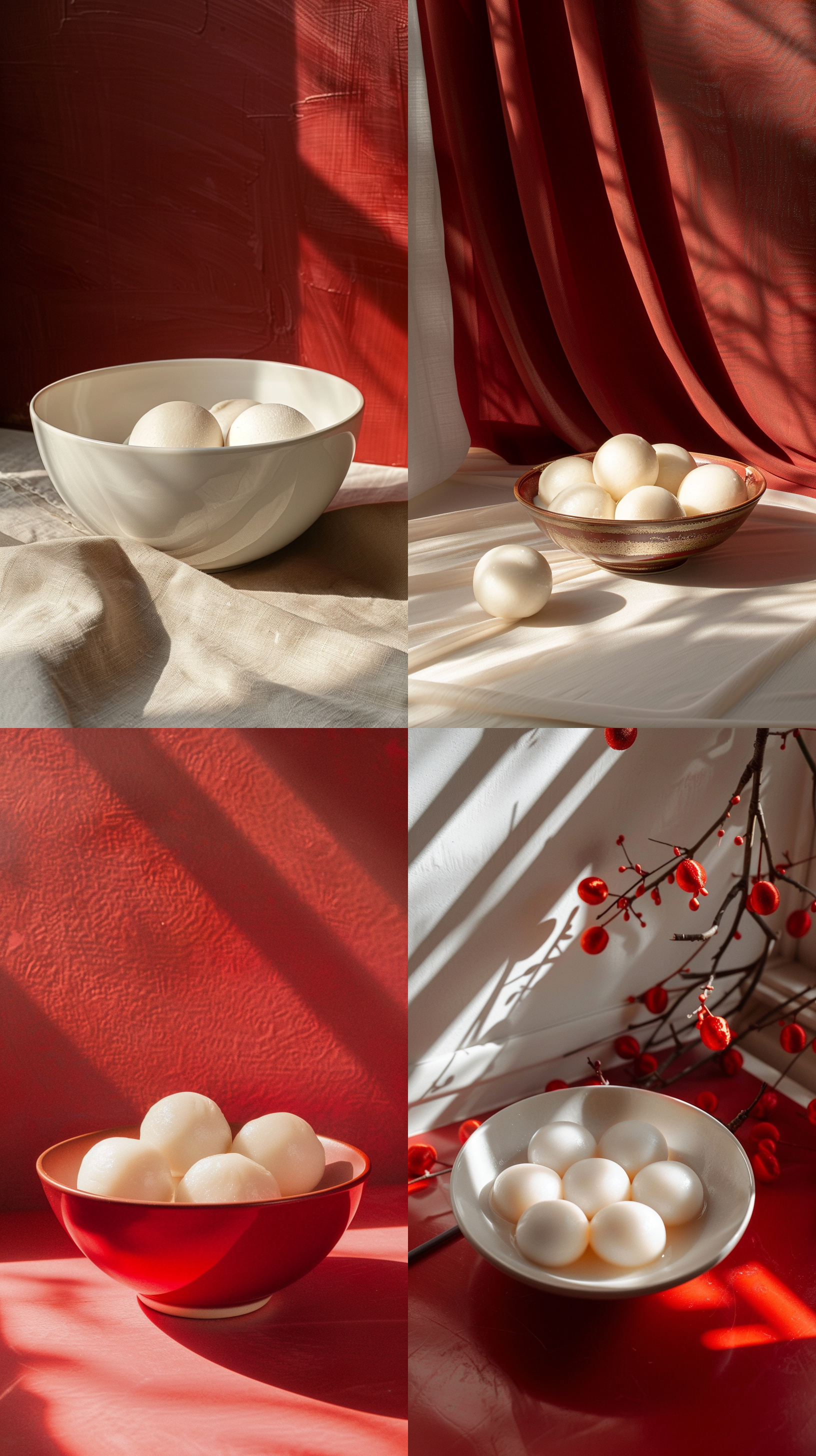 a bowl of white smooth tangyuan, red and golden theme, natural light, minimalist product display, natural objects no dumplings