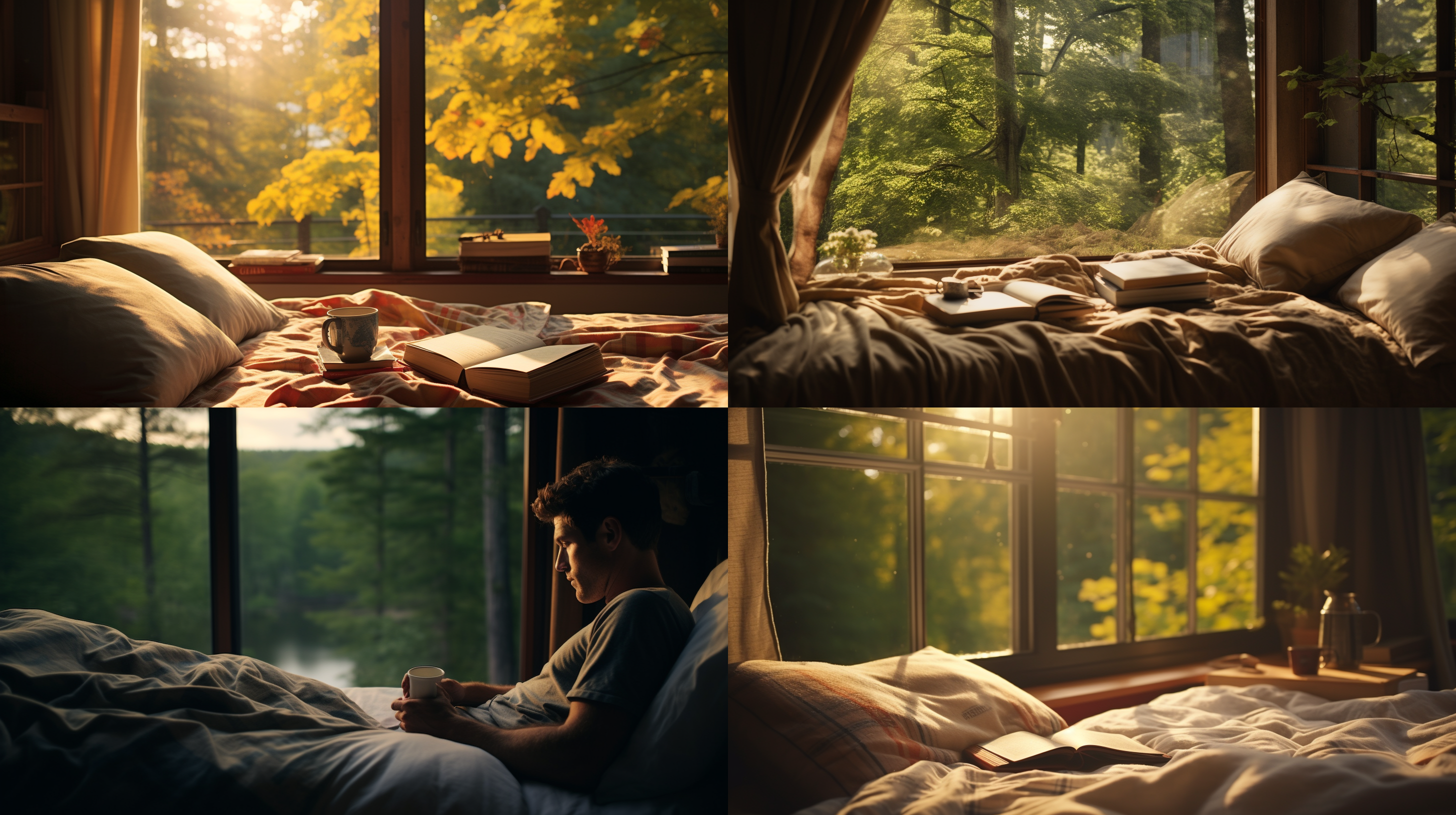 男人读书，半躺大床，白色被单，落地窗景湖泊，翠绿树林，窗外景深，自然光，静态，专注，温暖色调，窄景角，放松。