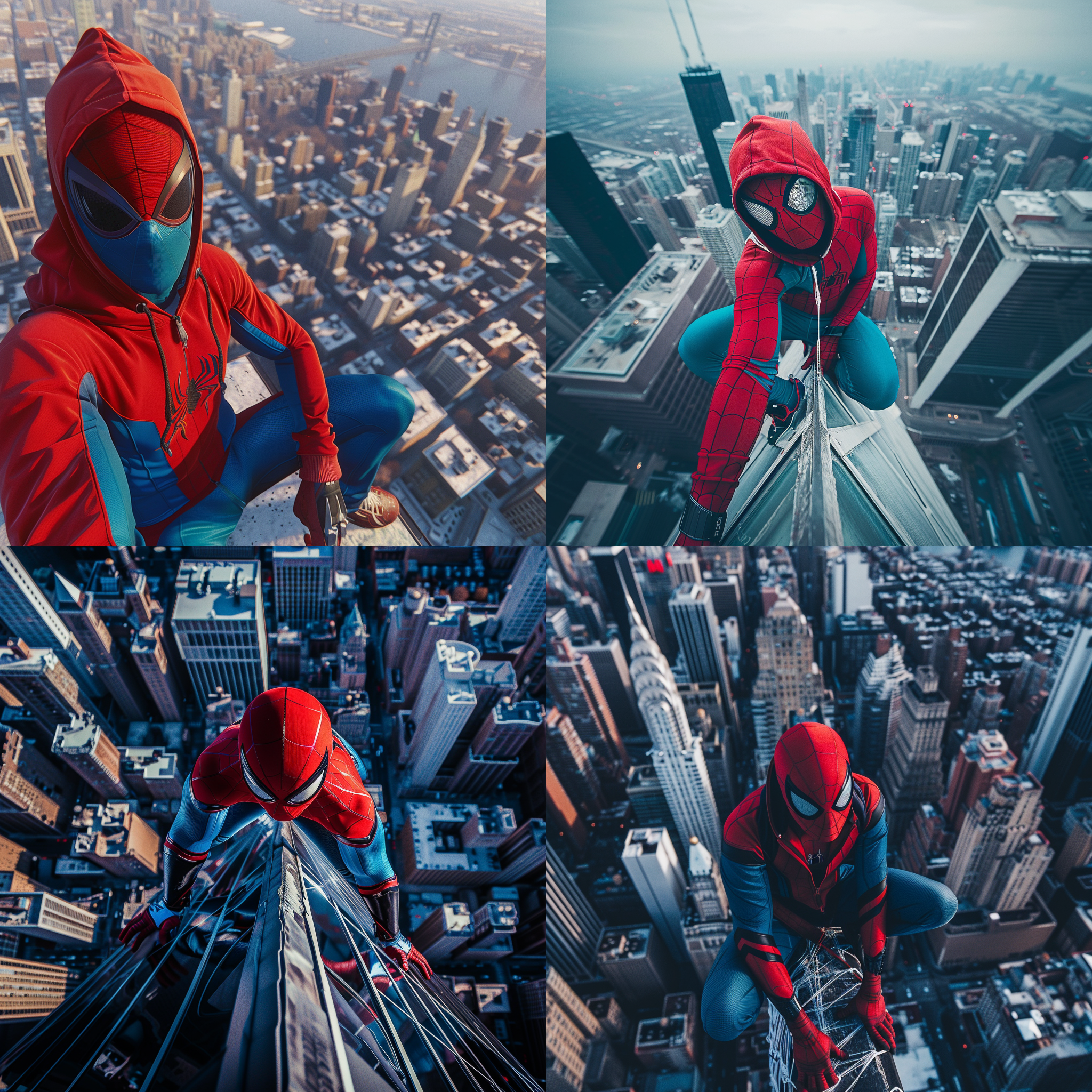 蜘蛛侠在摩天大楼顶部，蜘蛛侠穿着红蓝色紧身服，面罩遮挡脸部，背景是城市天际线，动作优雅。超广角镜头，逆光，高对比度，动态姿势，蓝红色调，英雄主题，神秘感。