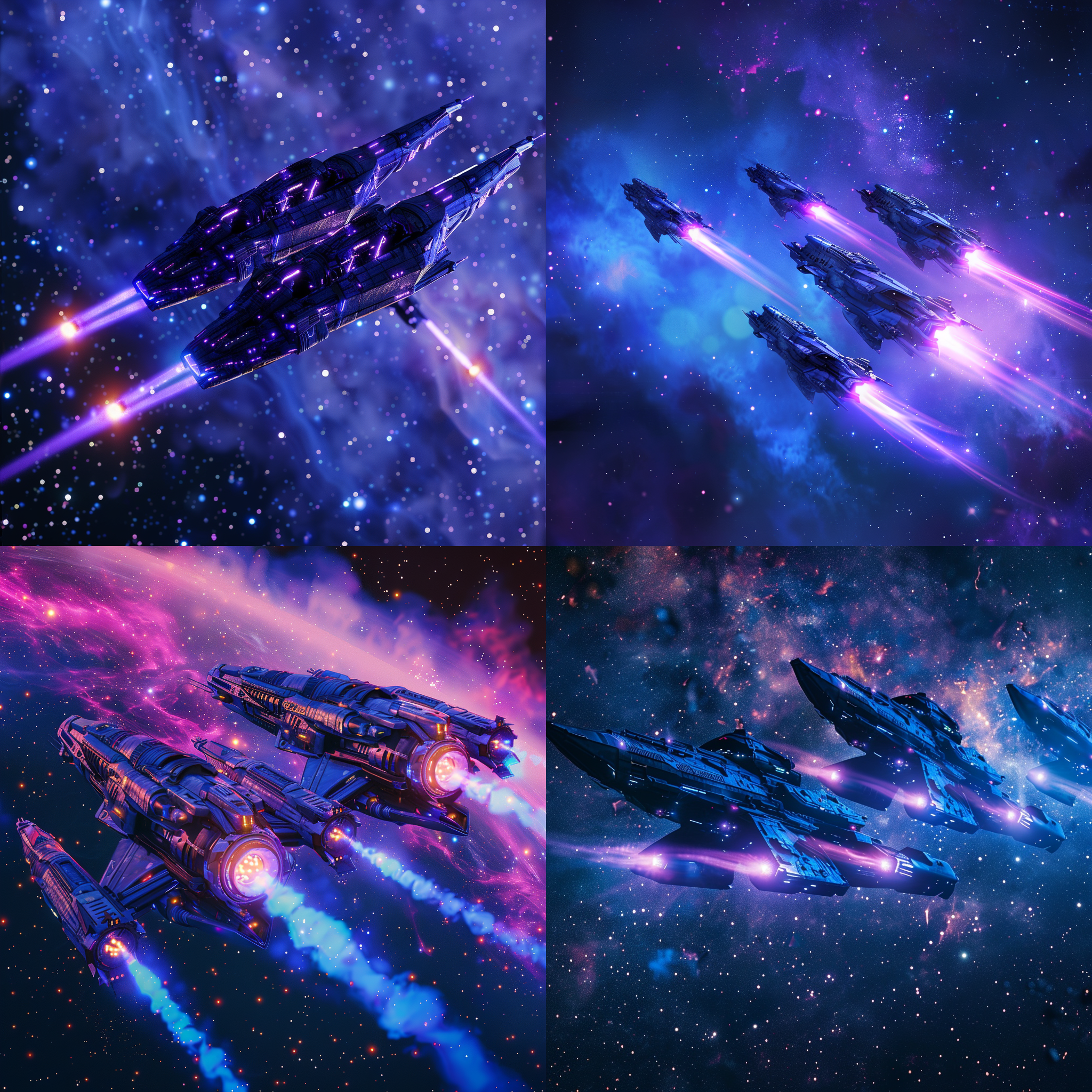 三体战舰，蓝紫色尾焰，浩瀚星空，逆光拍摄，长焦镜头，动态模糊，太空漂浮，科幻色彩，震撼。