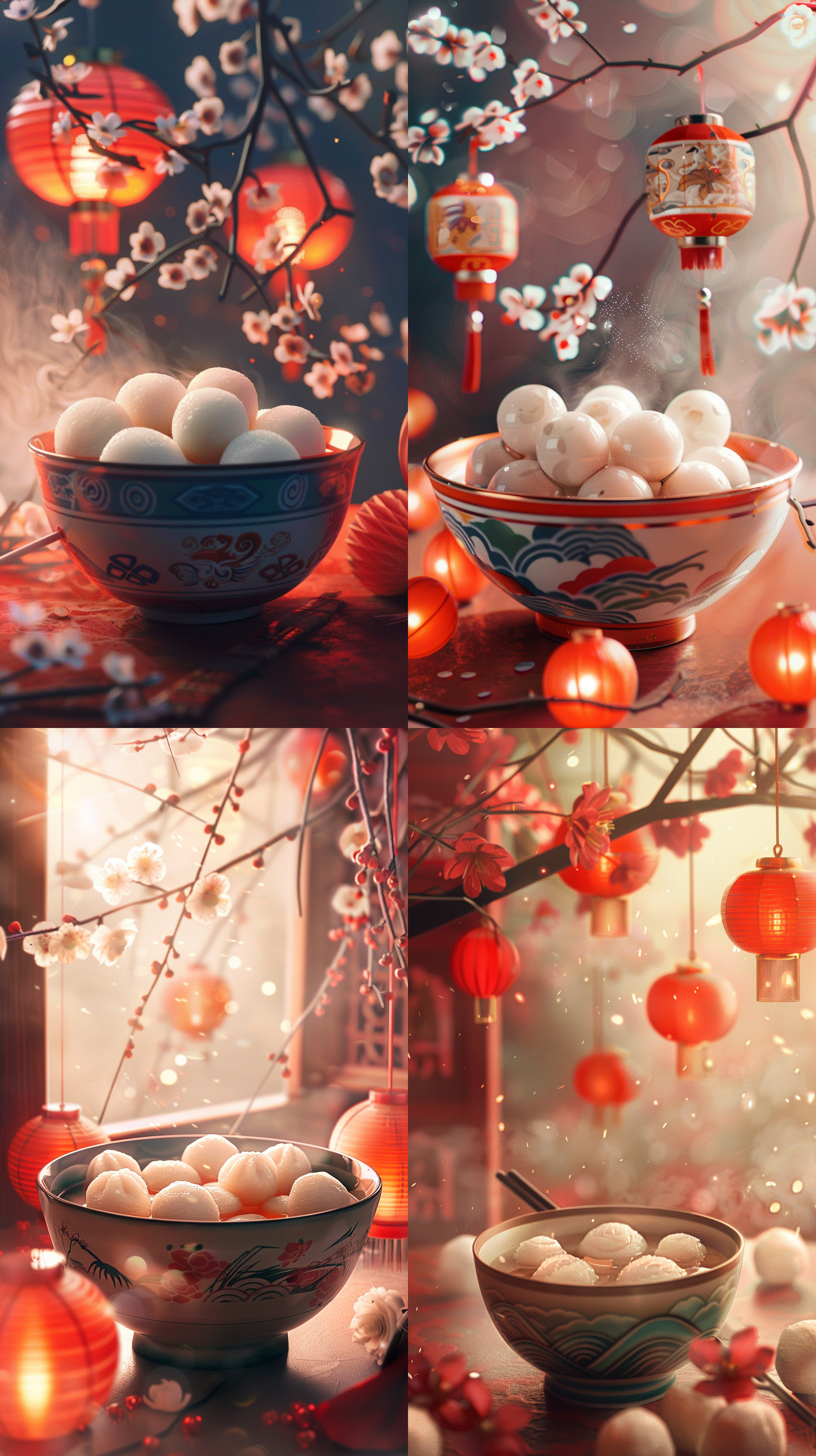 spring festival,chinese lantern,paper illustration, chinese traditional painting,a smooth ceramic bowl,many rounded mochi inside sweet soup balls, in style of realism,movie scene, cinematic light, high angle view, front view, bokeh.