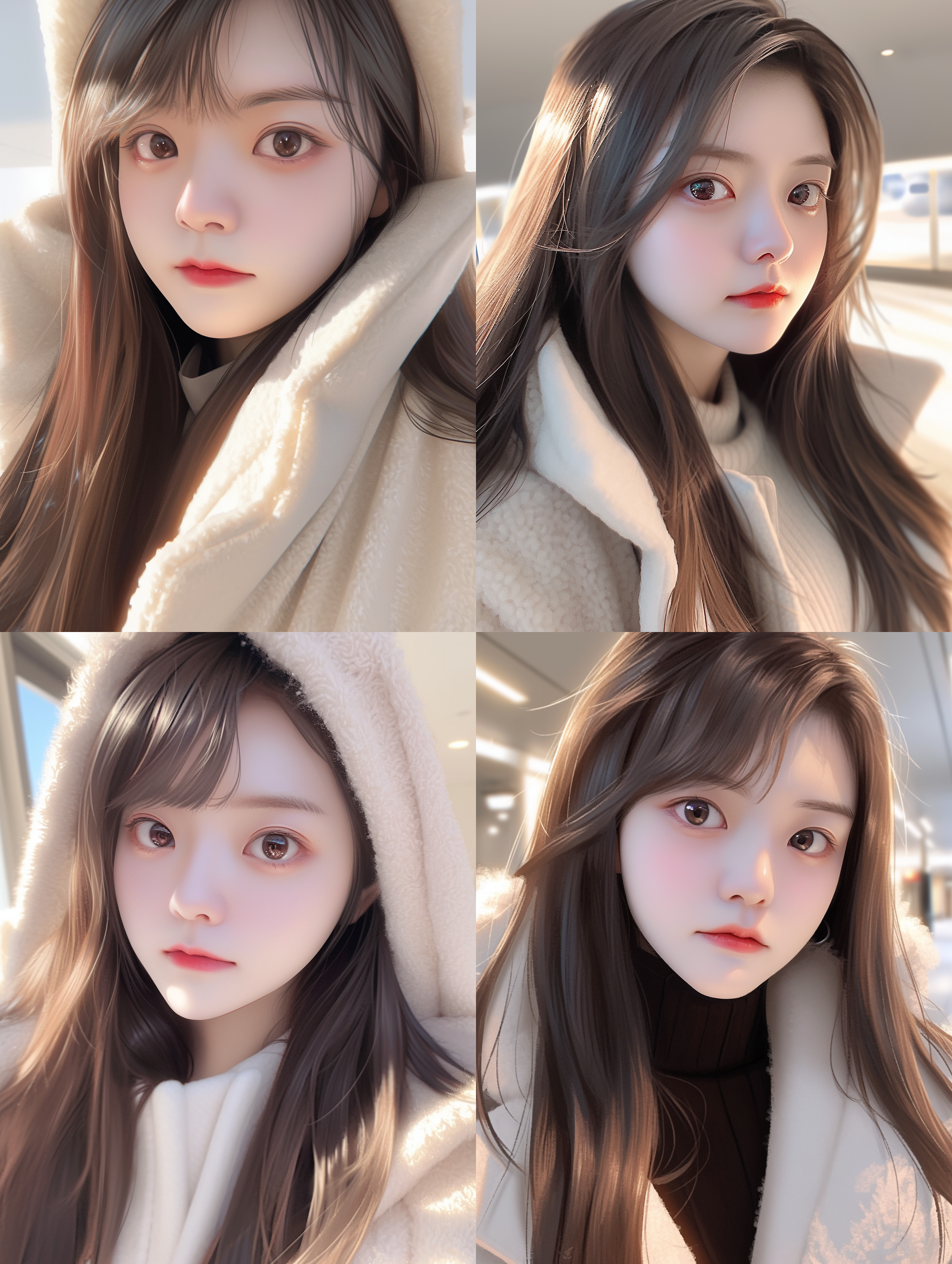 背景是雪，白色围巾，3d 渲染，金棕色长直发，妆容精致，发质好，半写实动漫风格，16k，拟真感，纪实摄影，最佳质量，超高清