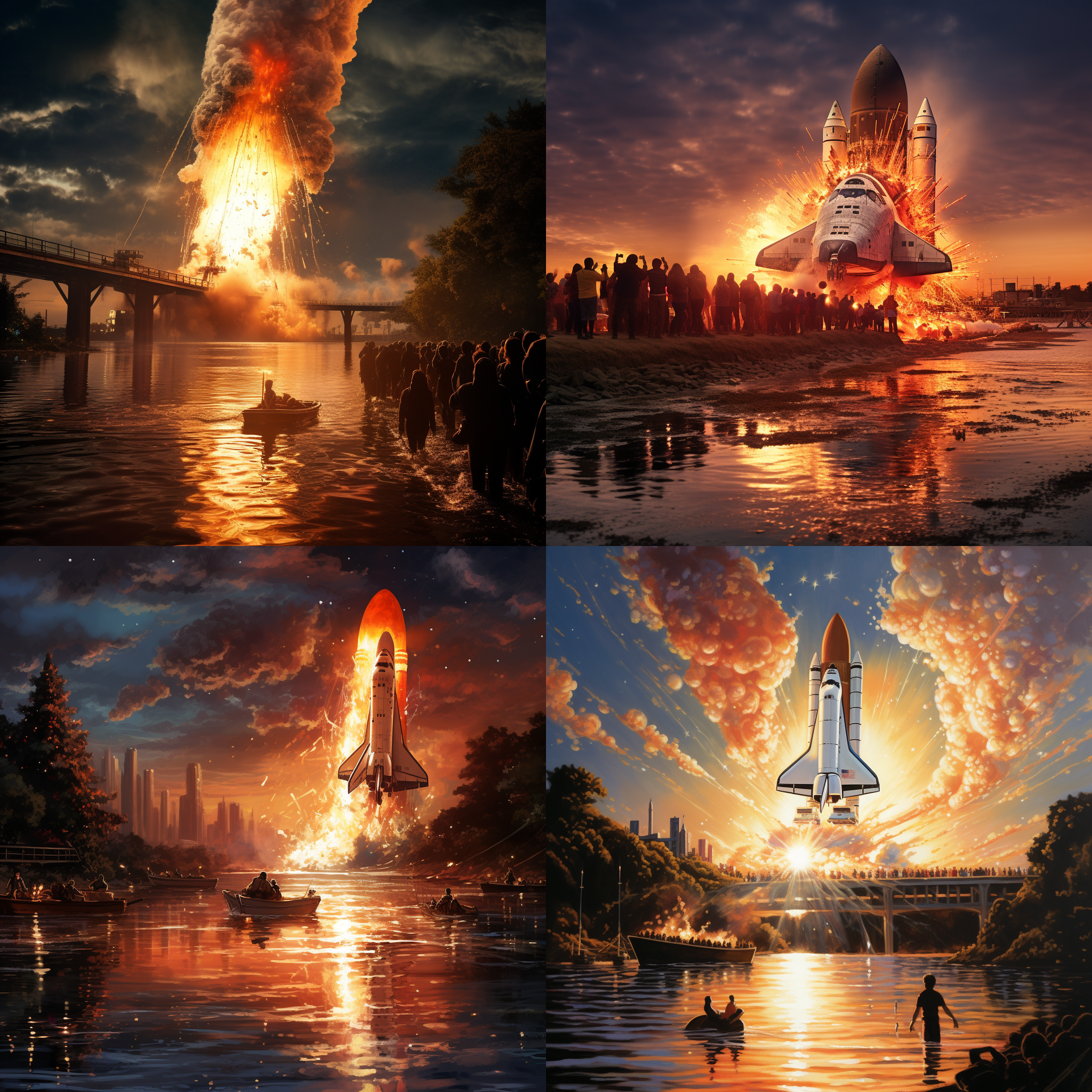 航天飞机降落在江边，江水中鱼群争相跃出水面, 大场景，逆光拍摄，水中倒影，长焦镜头，动态模糊，夕阳余晖，喷射火焰，激动，壮观。