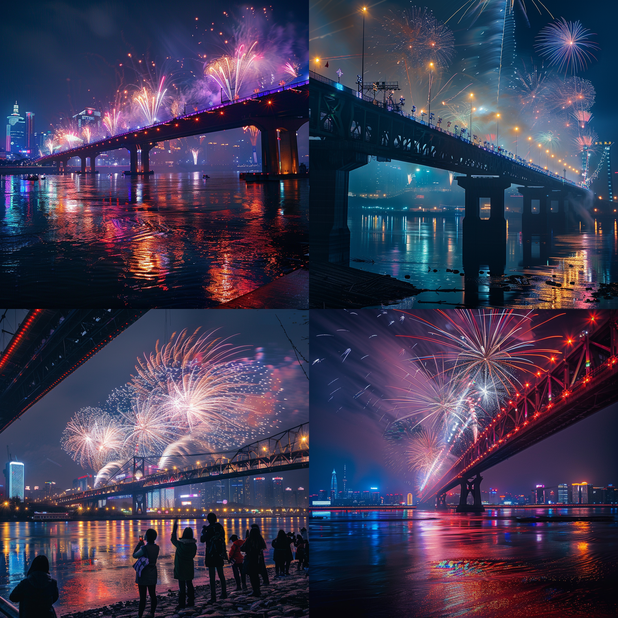 长江大桥下，人们放烟花迎接新年，夜晚，倒影，璀璨绚烂，城市灯光，庆祝，喜悦，长焦镜头，多彩色彩，燃放，兴奋。