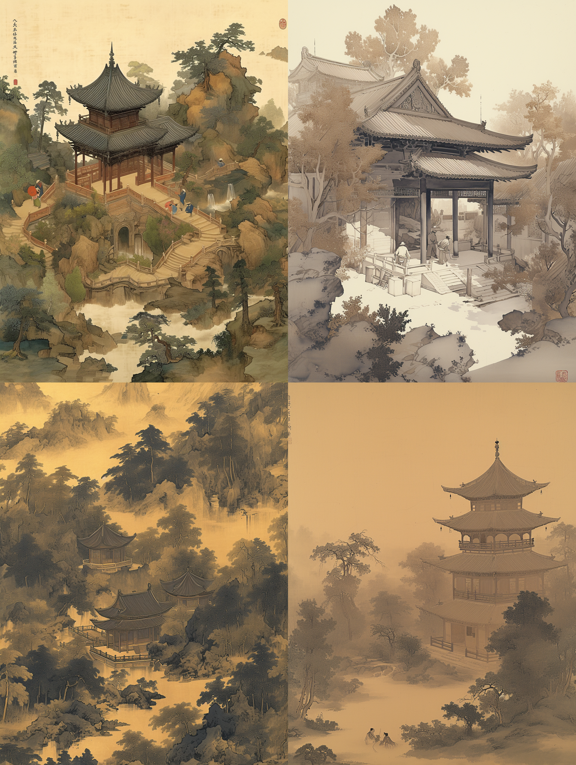 细节丰富的宋韵山水画，展示着亭台楼阁和自然景观。全景构图呈现出广阔的视野，使用广角镜头突出景物的壮丽。柔光照射下，画面静态而平和，给人一种宁静的感觉。浅色背景和泥土色调增加了画面的温暖感。