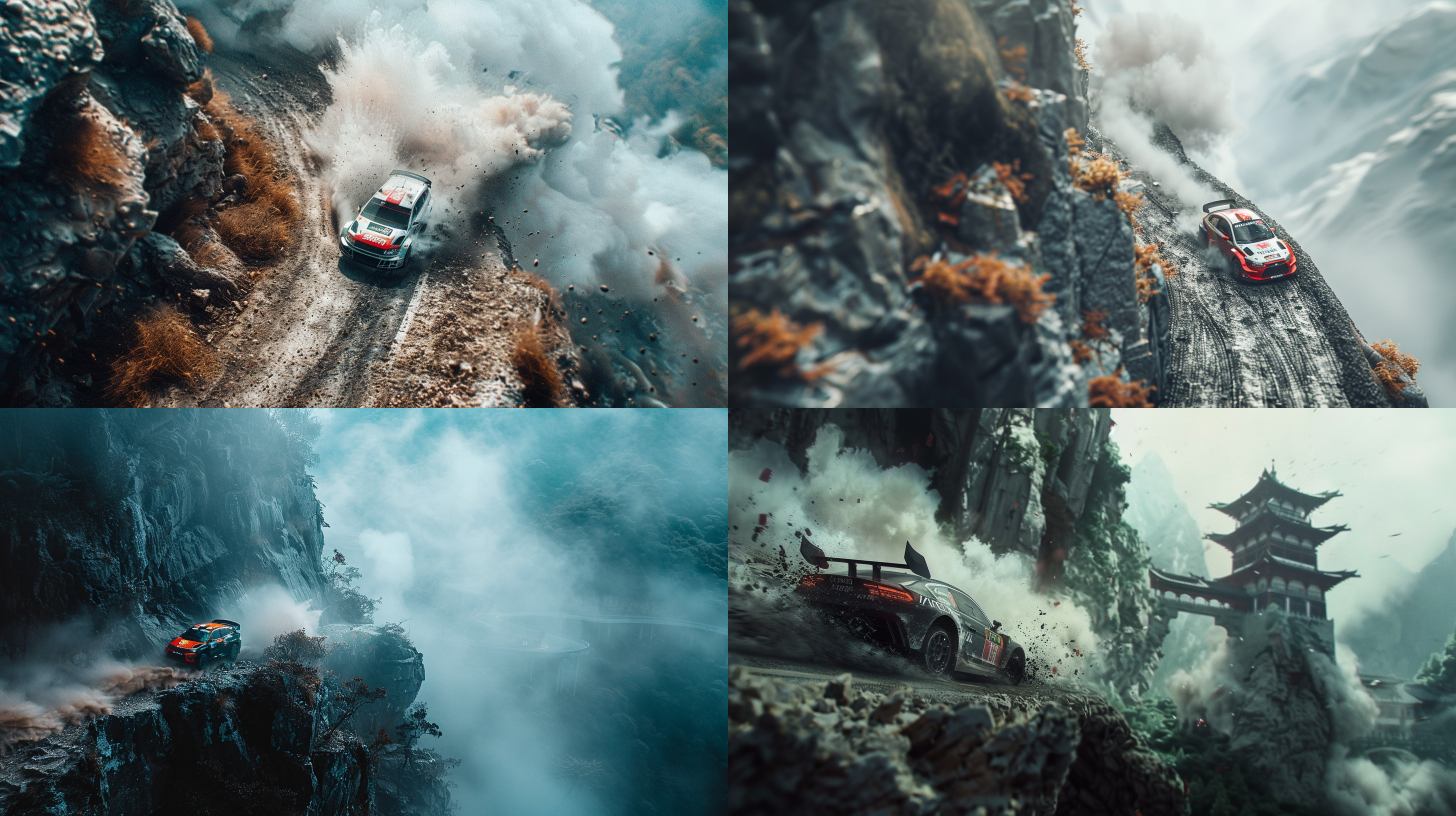 rc拉力赛，赛车手，悬崖边，车后面有一条中国龙在上方，烟尘，夸张，拖尾烟尘，拉力赛，盘山路，动作冲劲，紧张，高速，电影感，超广角镜头，快门速度，极限运动，赛车上有姚雨霁名字 