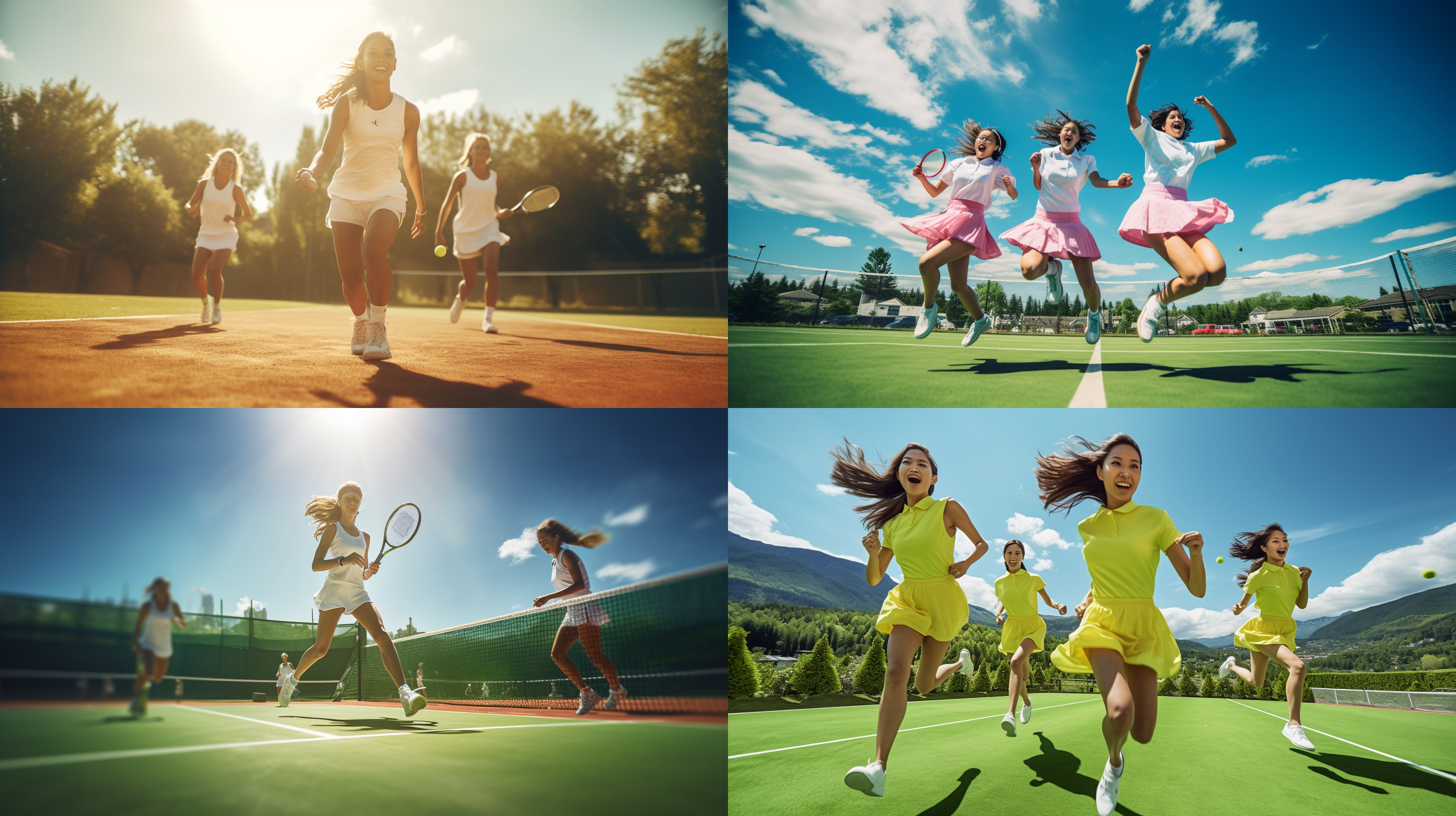 四人打网球，户外场地，高清晰度，全身拍摄，运动服装，短裙，动感表情，绿地，阳光下, 网球场，长焦镜头，快门优先，挥拍，活力，明亮色调。