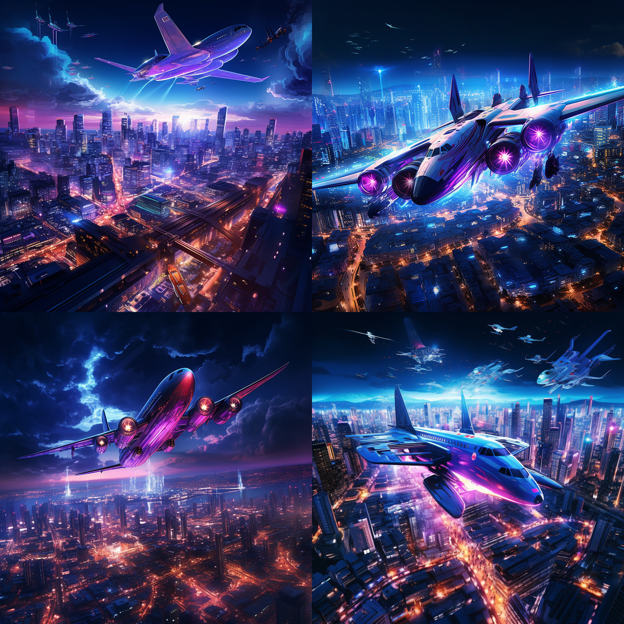 高空俯视未来风格赛博朋克飞机，霓虹灯璀璨的城市夜景为背景，呈现科幻感。以宽广画面展示飞机飞行动作，配以数字化效果和蓝紫色调，营造未来主义氛围，让人兴奋不已。