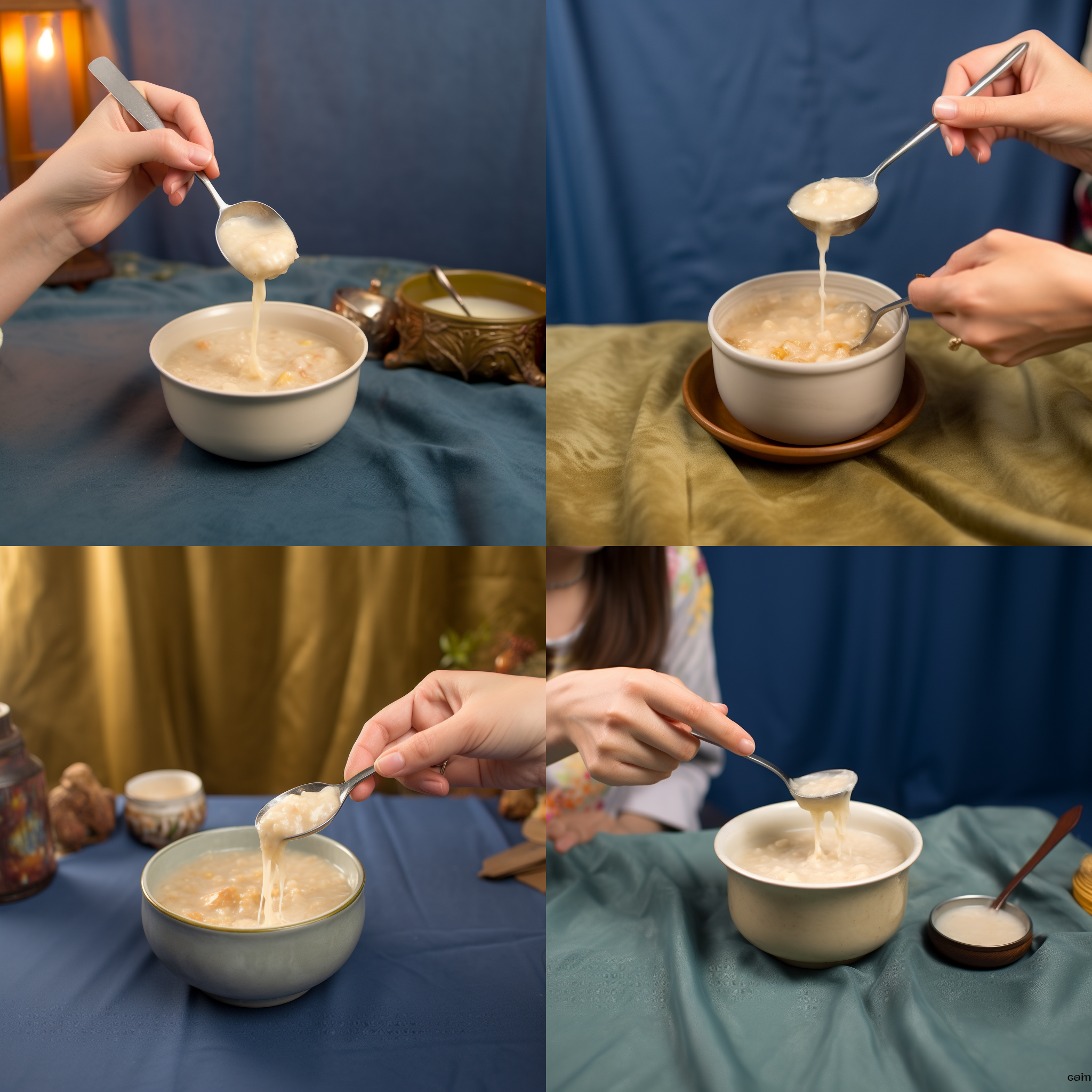 少女摆放燕窝粥，户外露营桌子，自然光，望远镜头，清晨，温暖色调，舒适氛围，微笑，享受，和谐。