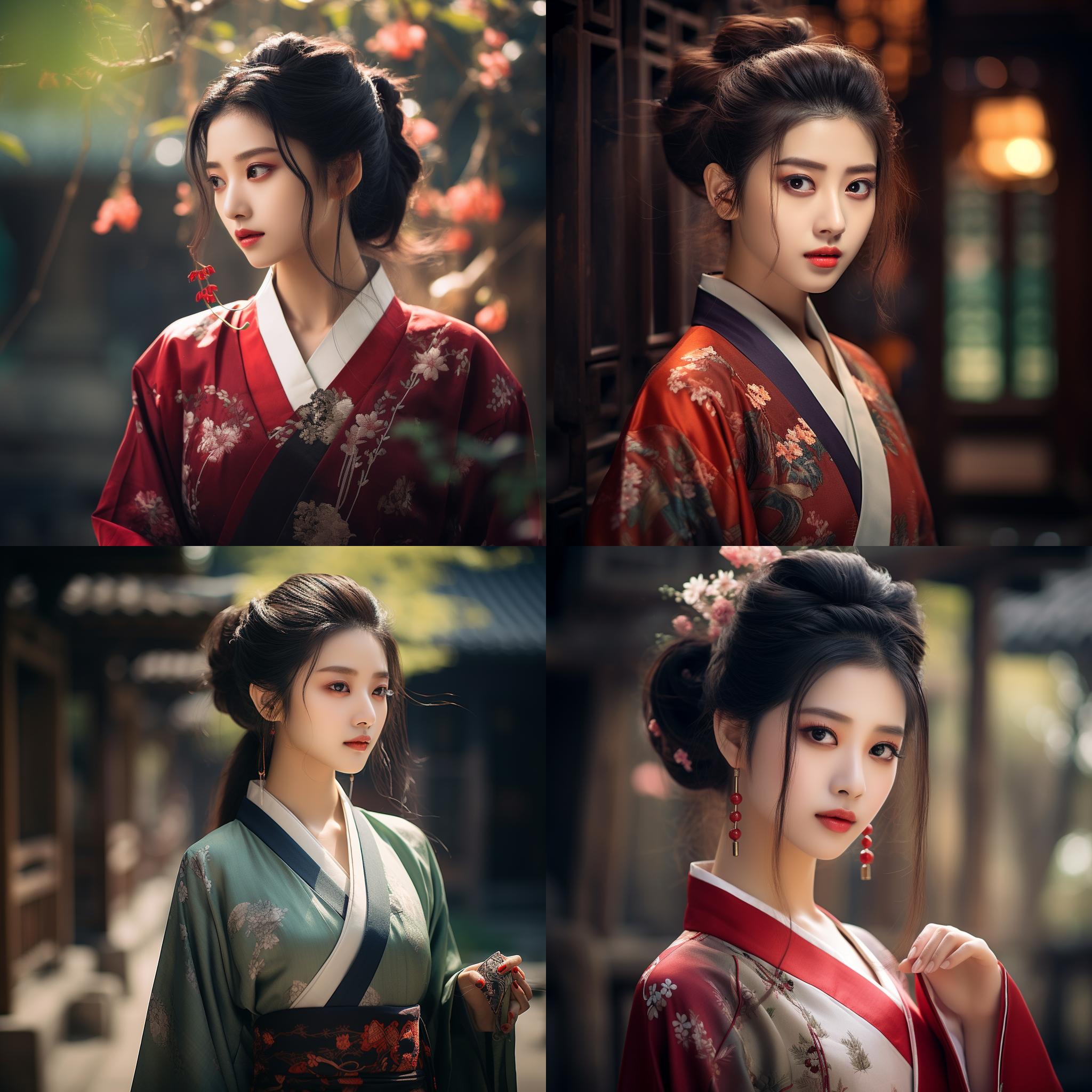 优雅汉服女孩，传统庭院，丝绸华丽，花纹图案，精致发髻，色彩艳丽，人像摄影，中焦镜头，柔和侧光，端庄表情，中国风格，古典美。