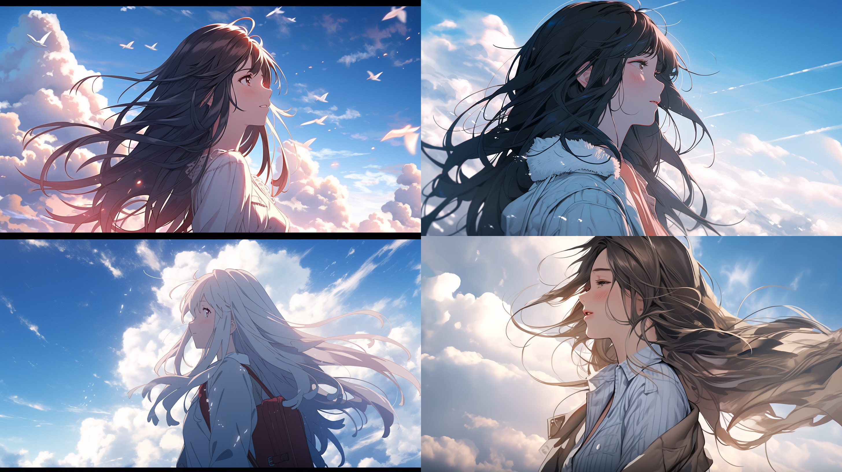 天空，坠落的长发少女，脸部看向白云，侧面视角，大视角，4k