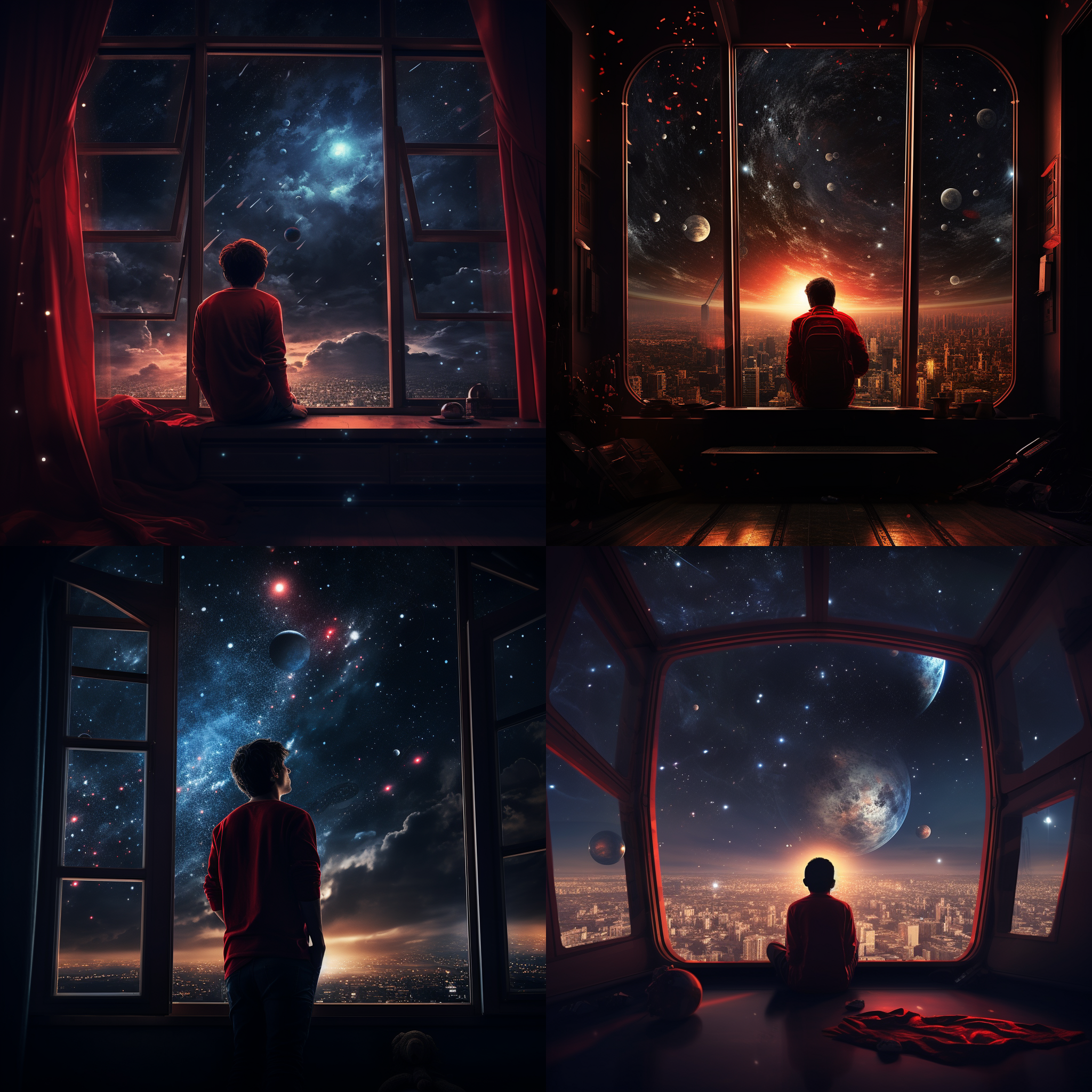 孤独少年，窗前凝望星空，宇宙背景，飞船，细节丰富，红色调，科幻，窄景角，窗外光线，静态，梦幻。