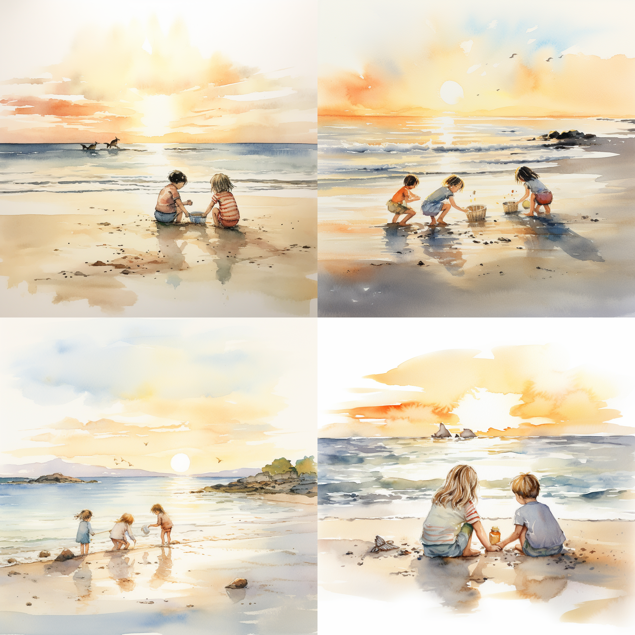 水彩，在沙滩上玩耍的孩子，白色背景，远景镜头，日落，线条简约，贝娅特丽克丝·波特风格