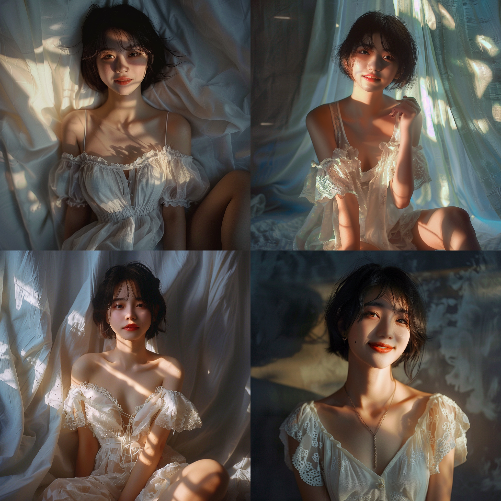 丰满匀称的身材，全身照，夏季，黑色轻纱衣，青春，光着脚丫，中国女孩，柔弱，眼神灵动，抿着嘴微笑，美丽的，剪发短发，精致的五官，喜悦，笑容，真实写真