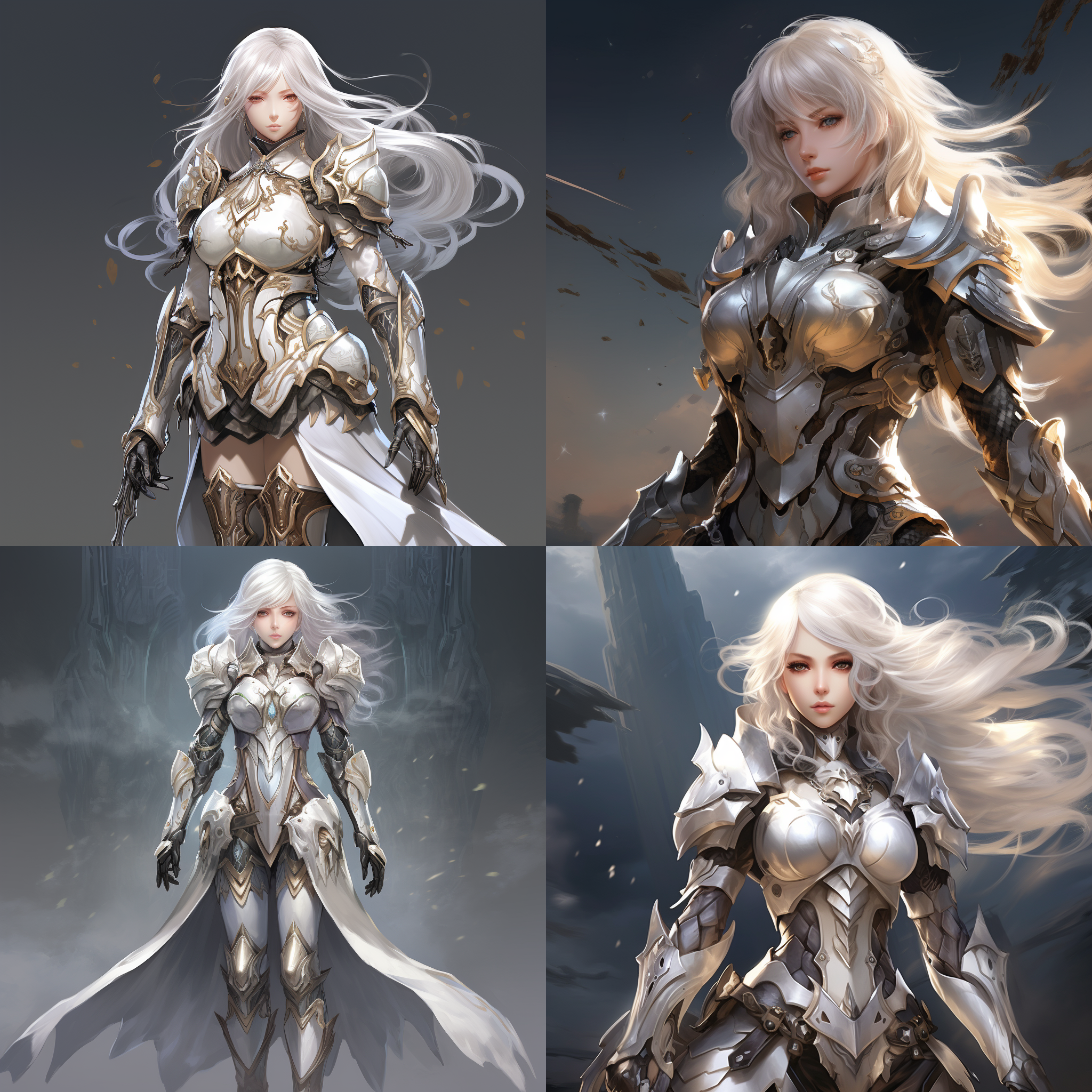 女将军盔甲，白发俊俏，全身，动漫风格，水纹细节，高画质，远焦镜头，侧光，威严，金属光泽，英勇，战斗。