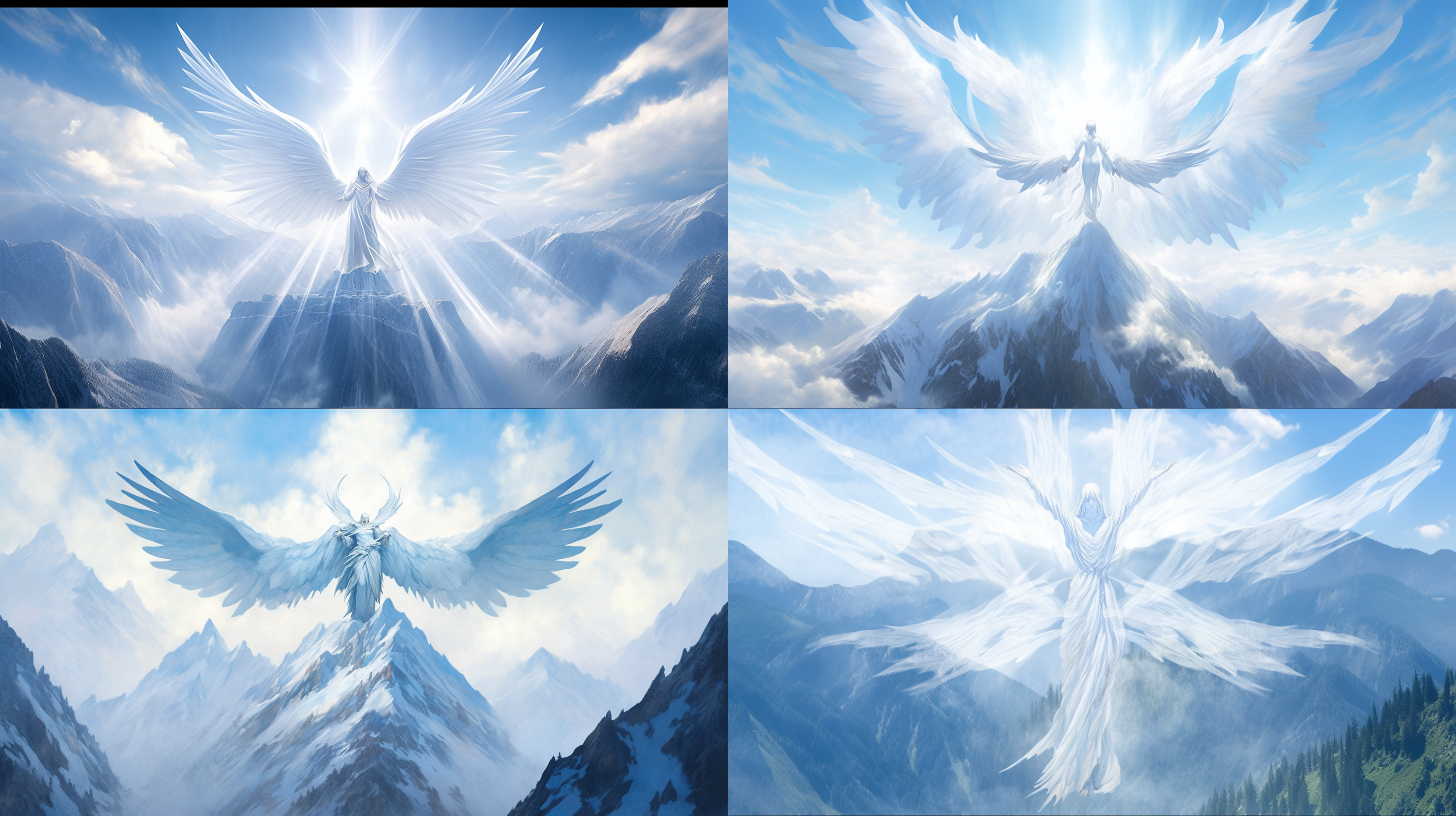 六翼天使，站在高耸的山顶，展翅欲飞。阳光透过云层洒下，照亮了天使羽翼的细腻纹理。天使面容庄严而温和，眼神中透露着智慧与宁静。背景是壮丽的山脉和浩瀚的蓝天。构图对称平衡，色调以柔和的蓝色为主，配合暖色调增加神圣感。天使周围弥漫着一种神秘而庄重的氛围。 六翼天使，山顶，展翅，阳光，羽翼，庄严，温和，智慧，宁静，山脉，蓝天，对称平衡，柔和蓝色，暖色调，神圣，神秘，庄重。