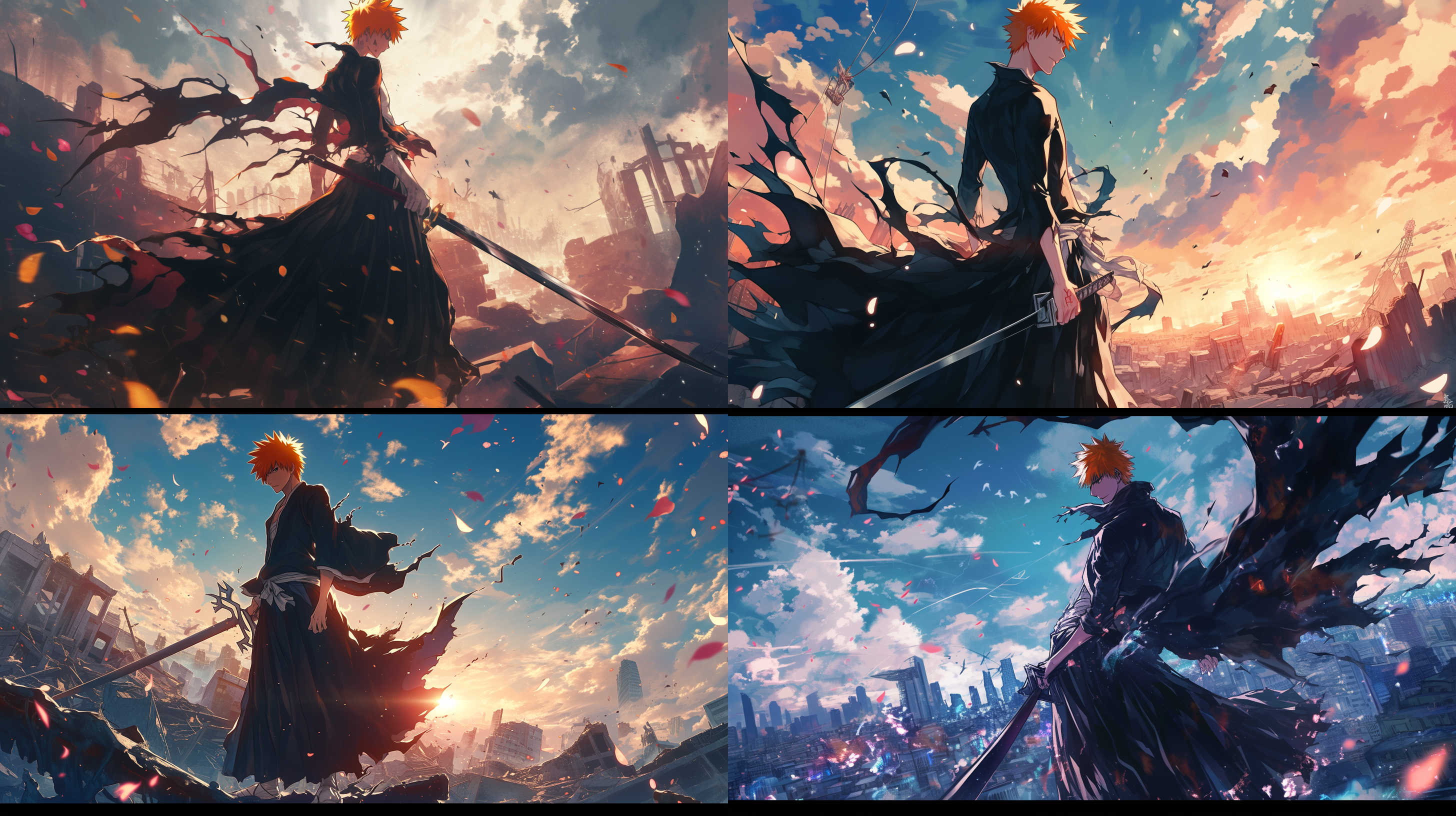 黑崎一护穿着潮流服装，站在破碎的城市废墟上，手持一把闪亮的死神刀。背后是残破的建筑和漫天飞舞的花瓣，阳光透过云层洒下，营造出壮丽的氛围。动作准备战斗，表情坚毅。高角度视角，广角镜头，高饱和度，战斗，决心，壮观。