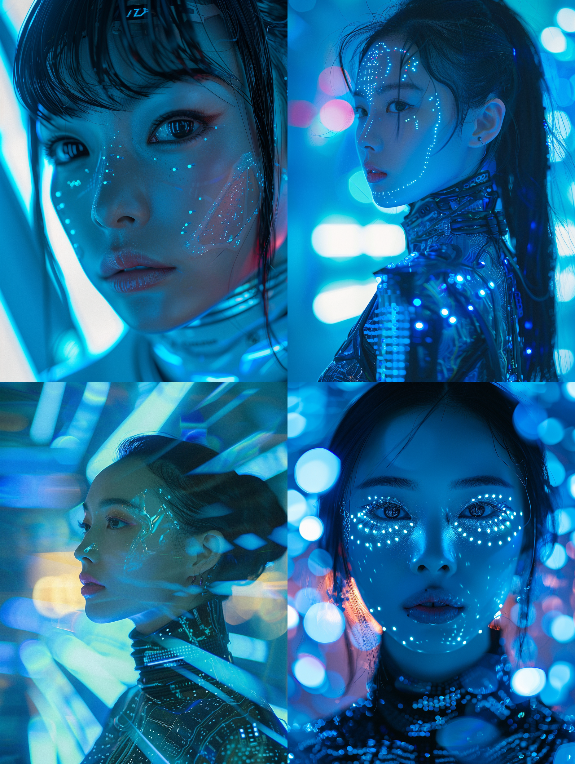一个美丽的女机器人，亚洲女子，惊艳妆容，完美模特身材，生物科技，穿着贴身的科技胶衣，蓝光，全身肖像，径向构图，朋克风格，幻想艺术，前景模糊，电影灯光，电影质感