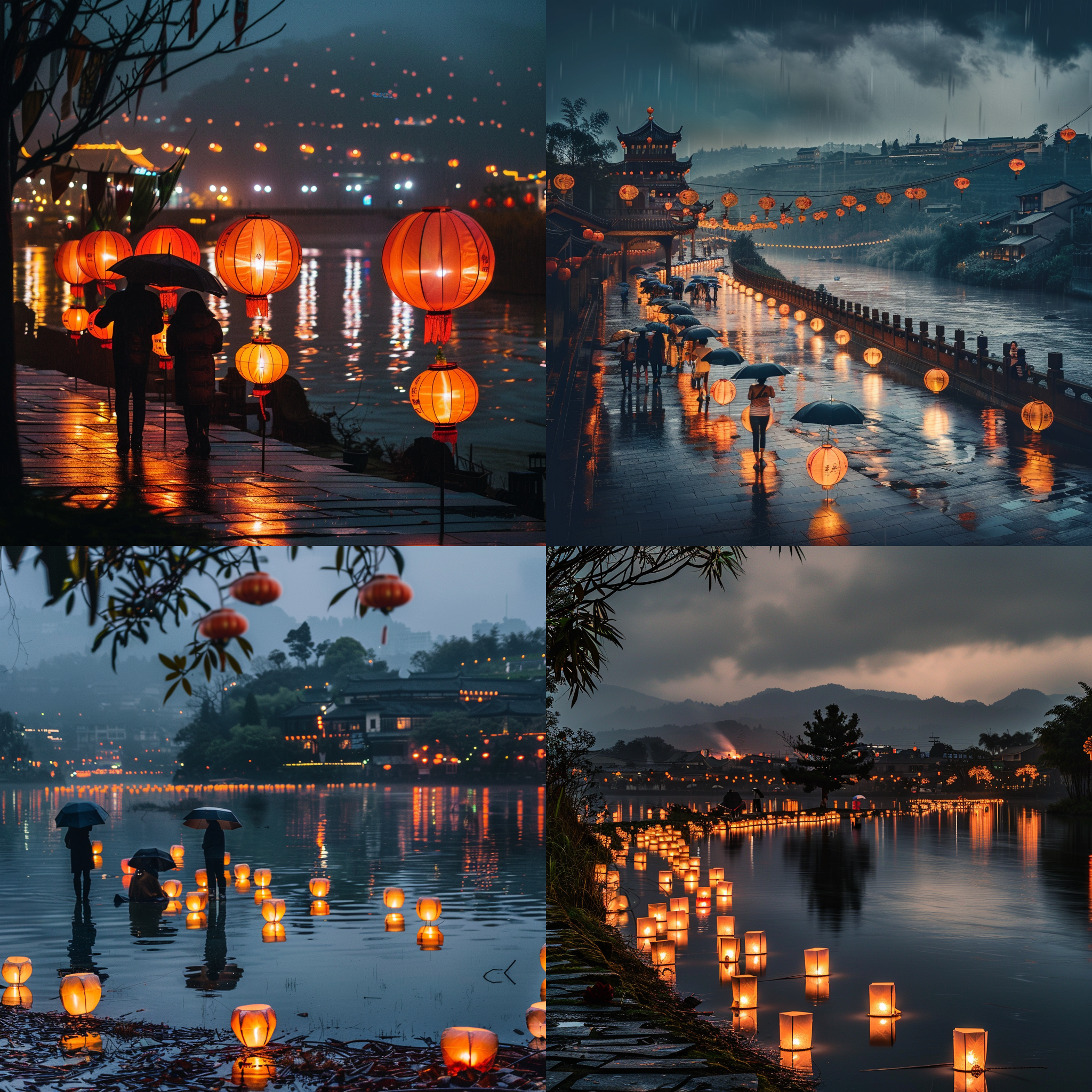 人们放孔明灯，江边，雨水落下，夜晚，温暖色调，长曝光，风景模式，流动感，祥云，喜庆，欢乐。