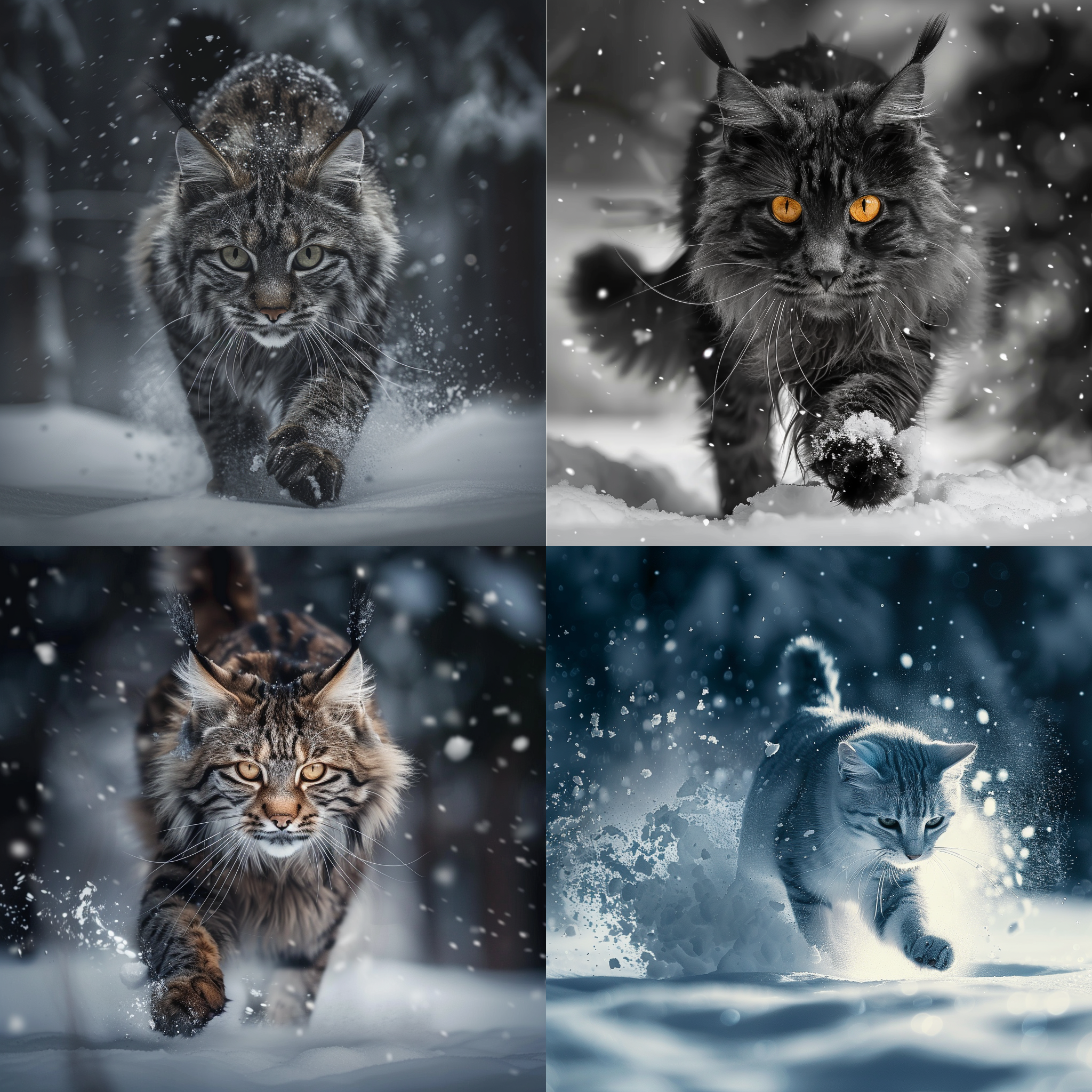 缅因猫王者，雪地对角线，冷色调，长焦镜头，眼神锐利，小猫跟随，细雪纷飞，高光反射，肌肉线条，优雅威严，霸气十足。