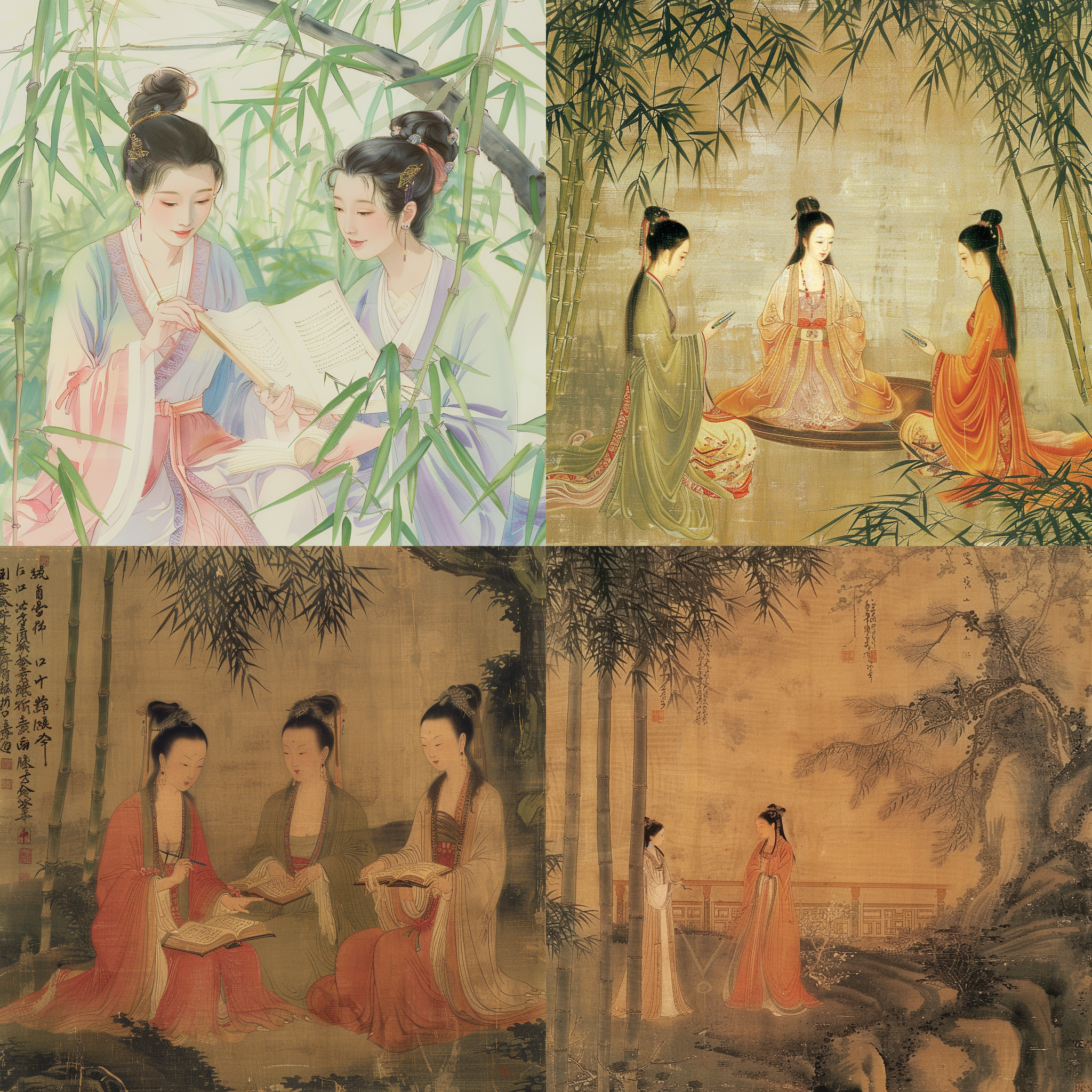 古风画作，吴道子风格，林黛玉与香菱学诗，潇湘馆内，青竹环绕，近景平视，工笔仕女，优雅表情，慕雅女雅集苦吟诗，灵动构图，古典优雅，水彩色调