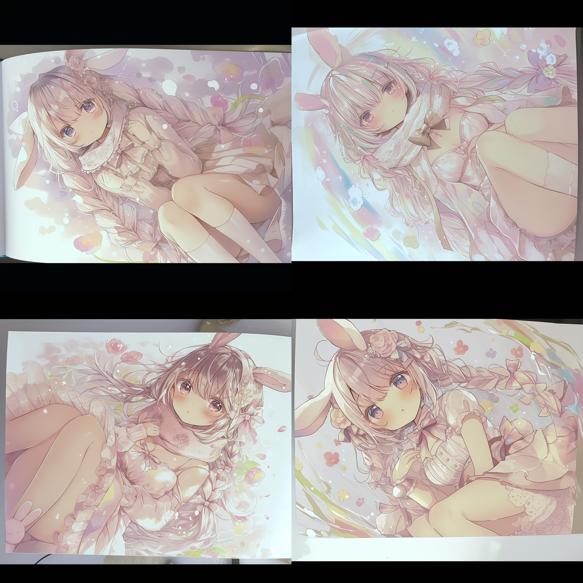 青春少女，兔耳朵，花边围脖，蝴蝶结，卡哇伊裙，粉色主题，波浪发饰，甜美表情，明亮色彩，柔和光线，半身特写，清新活泼，花朵元素。