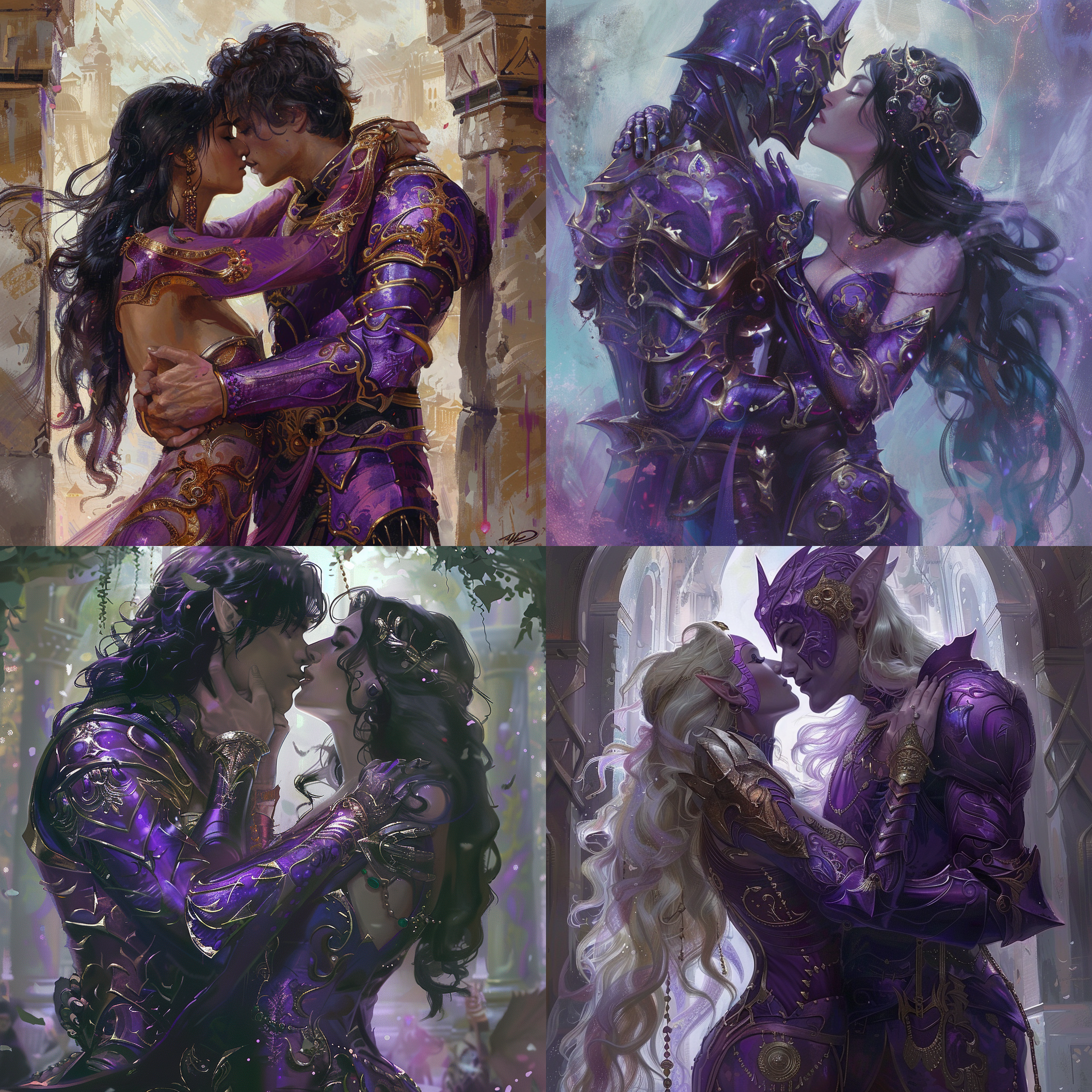 身穿紫色盔甲的女神，与恋人拥抱接吻