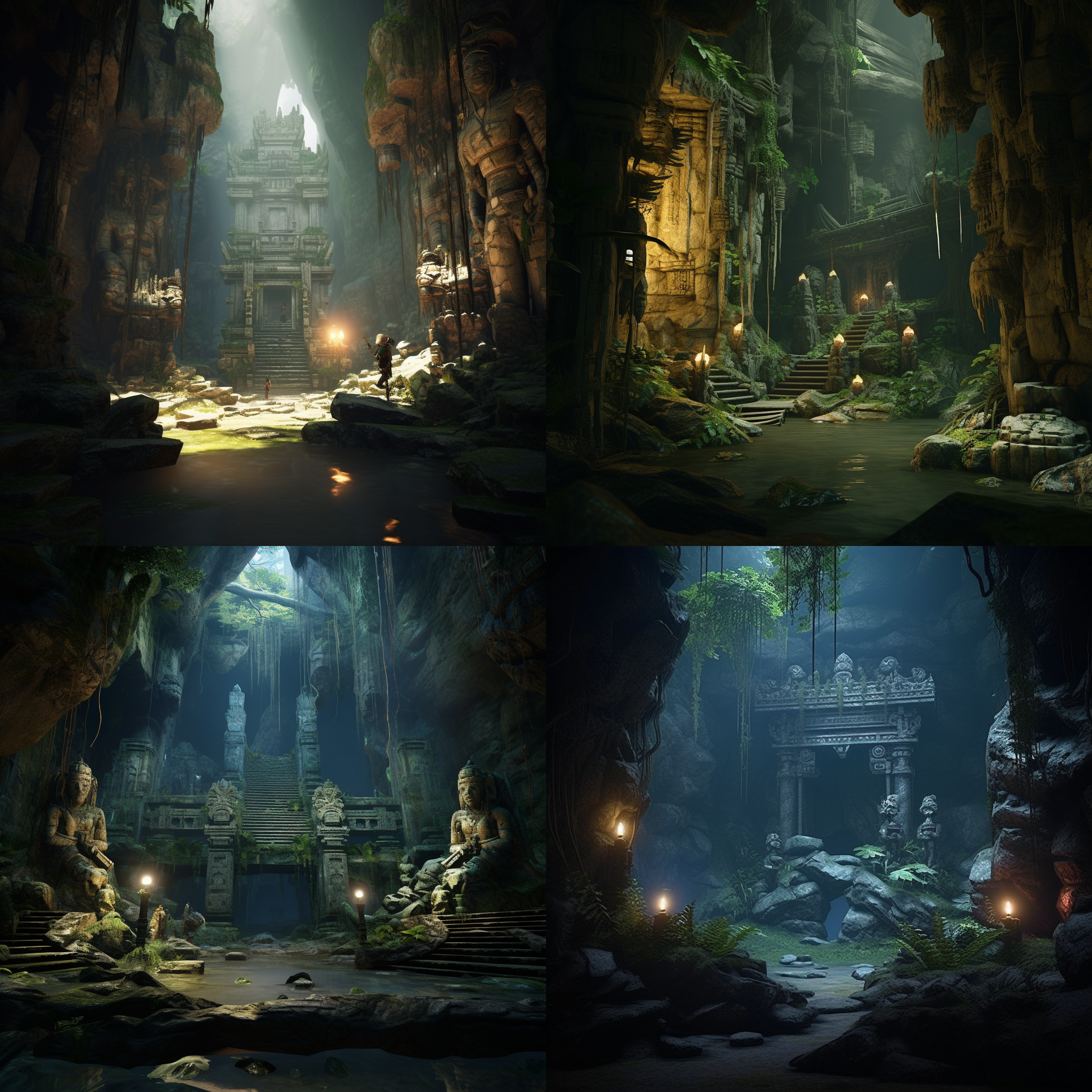 地底古墓探险，竹筏穿行地下河，食人鱼觅食，怪石环绕，龙吞珠雕塑，挂石人俑，电影构图，大师级光影，丰富细节，8k，暗调，神秘，刺激。