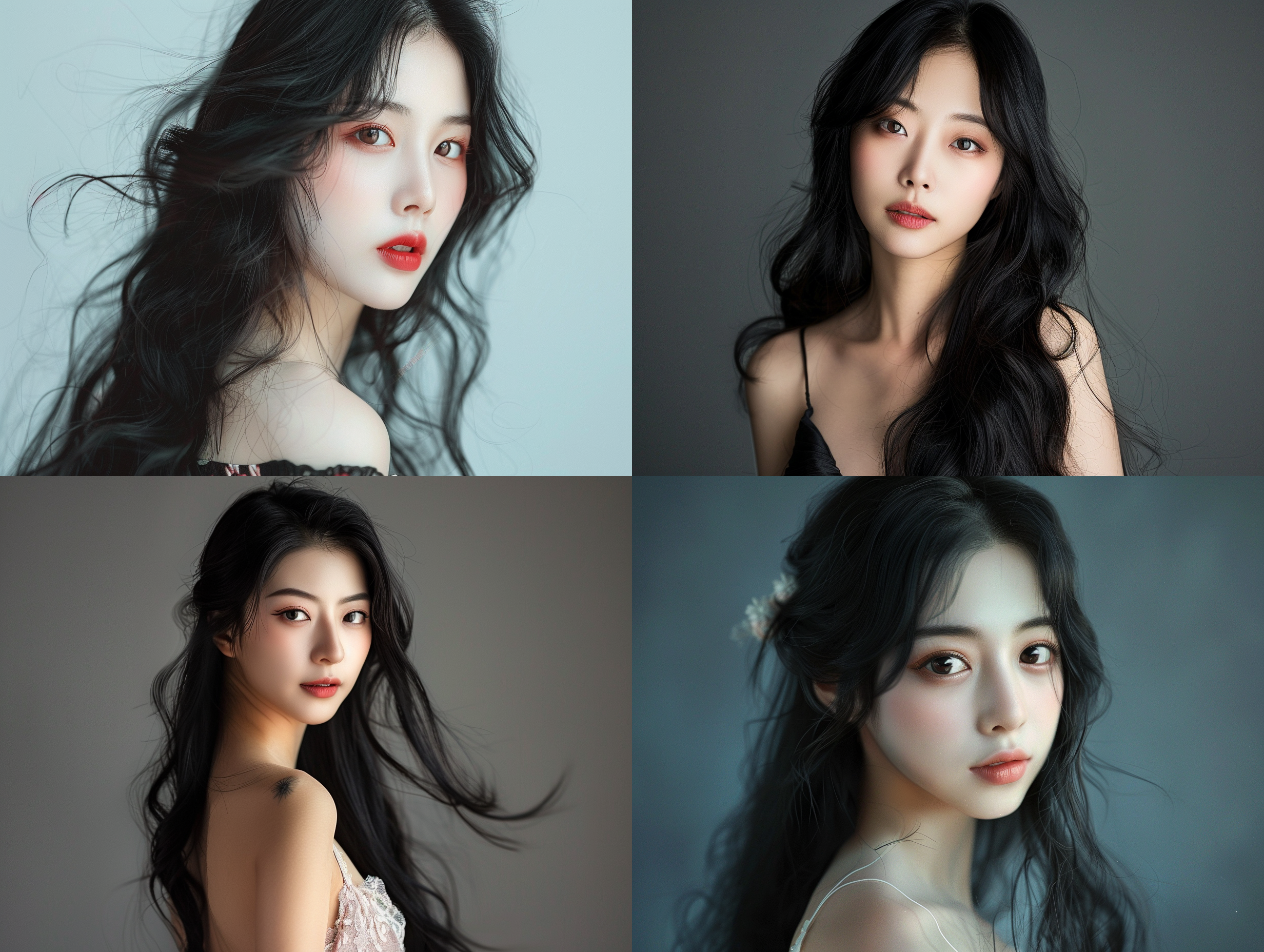 a makeup photo of a beautiful chinese young lady, has long black hair that cascades down her back in loose waves. her skin is clear and smooth, and she has a delicate heart-shaped face with full lips and large almond-shaped eyes. she is wearing a fashionable modern dress that is stylish and elegant, with a fitted bodice that flares out into a flowing skirt.