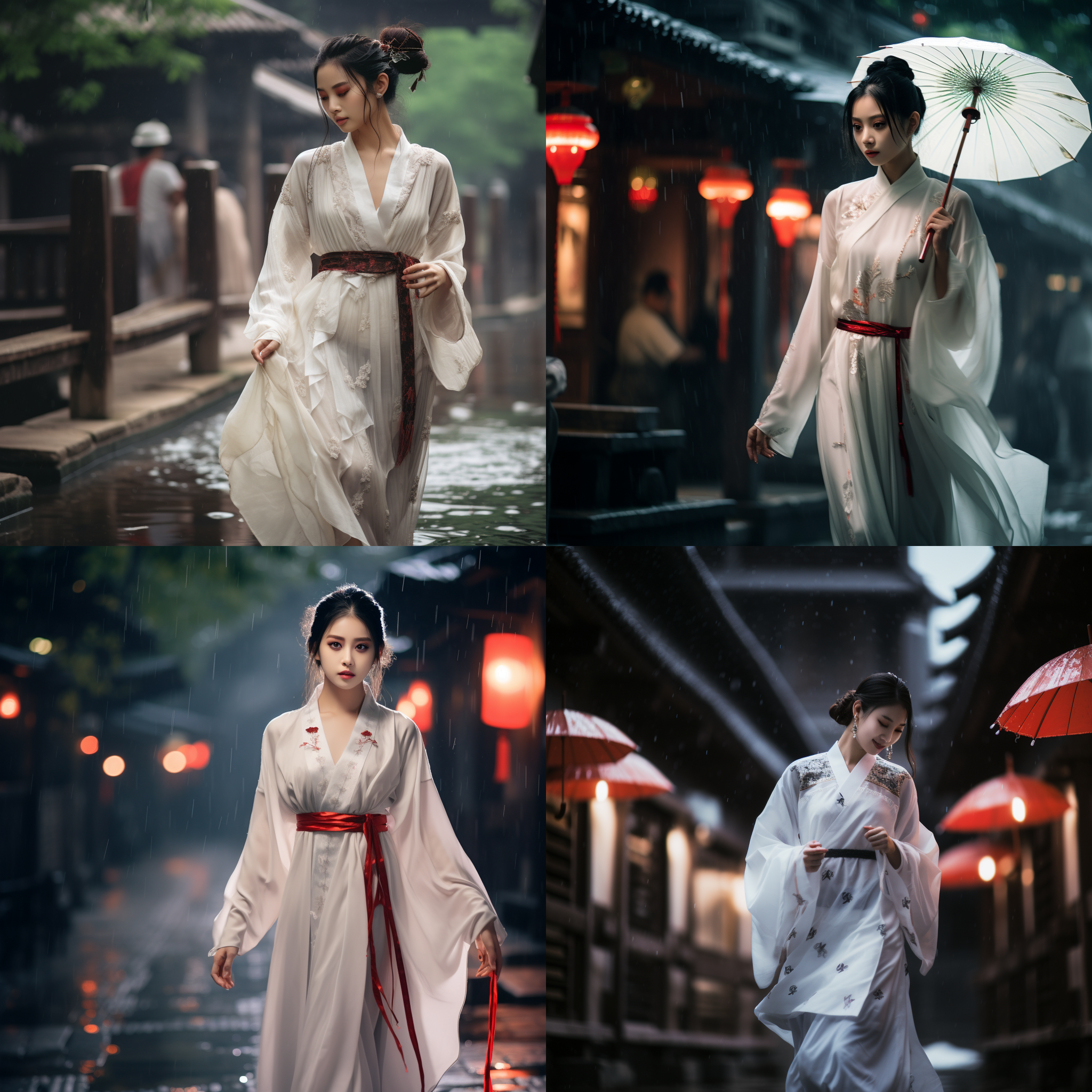 中国女孩穿白色汉服，红丝带束黑发，江南小巷背景，雨中行走，高挑，高跟鞋，传统风格，柔和光线，抓拍，优雅。