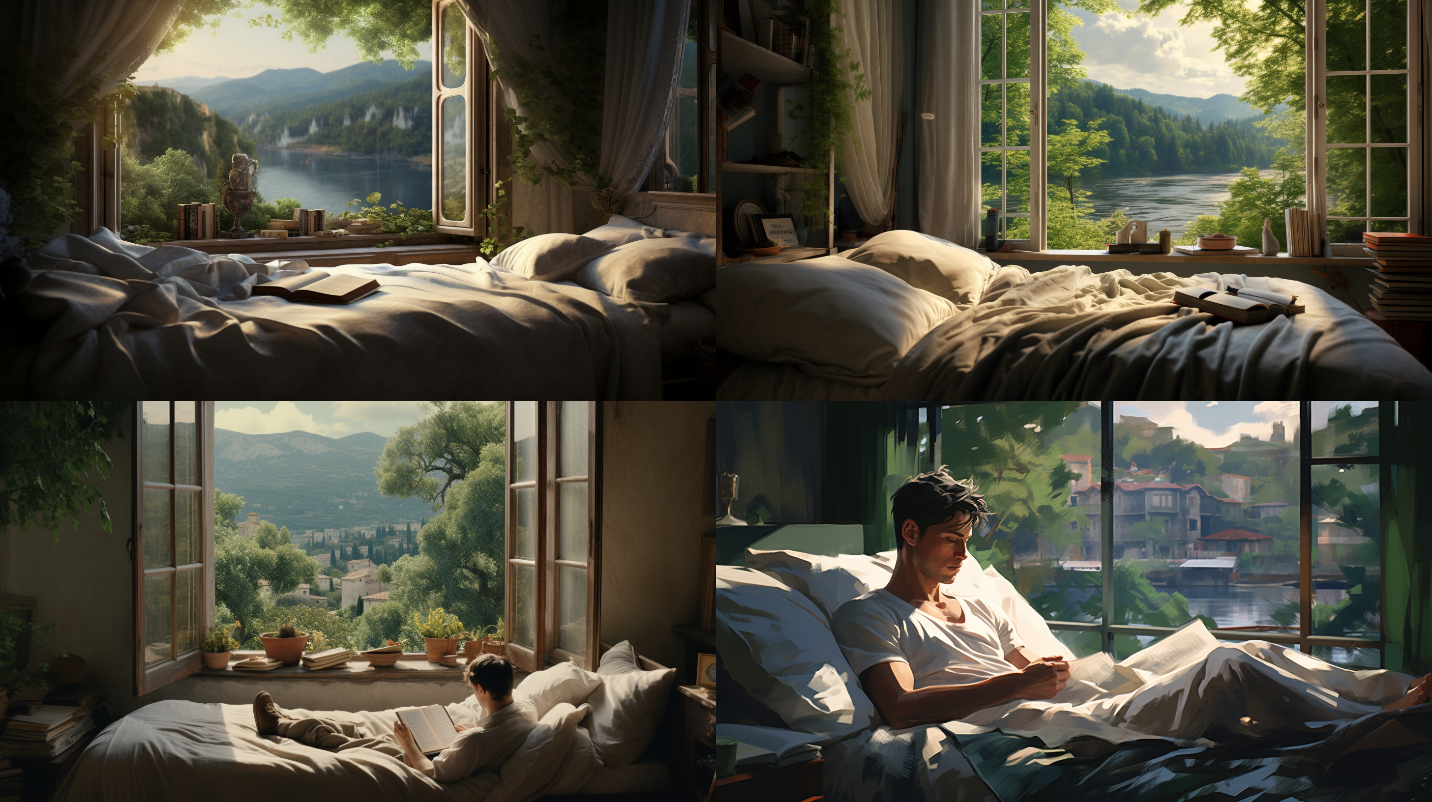 男人读书，半躺大床，白色被单，落地窗景，大片湖泊，翠绿树林，远处白鹭飞过，窗外景深，自然光，静态，专注，清冷色调。舒适，文学氛围，窗外风景。