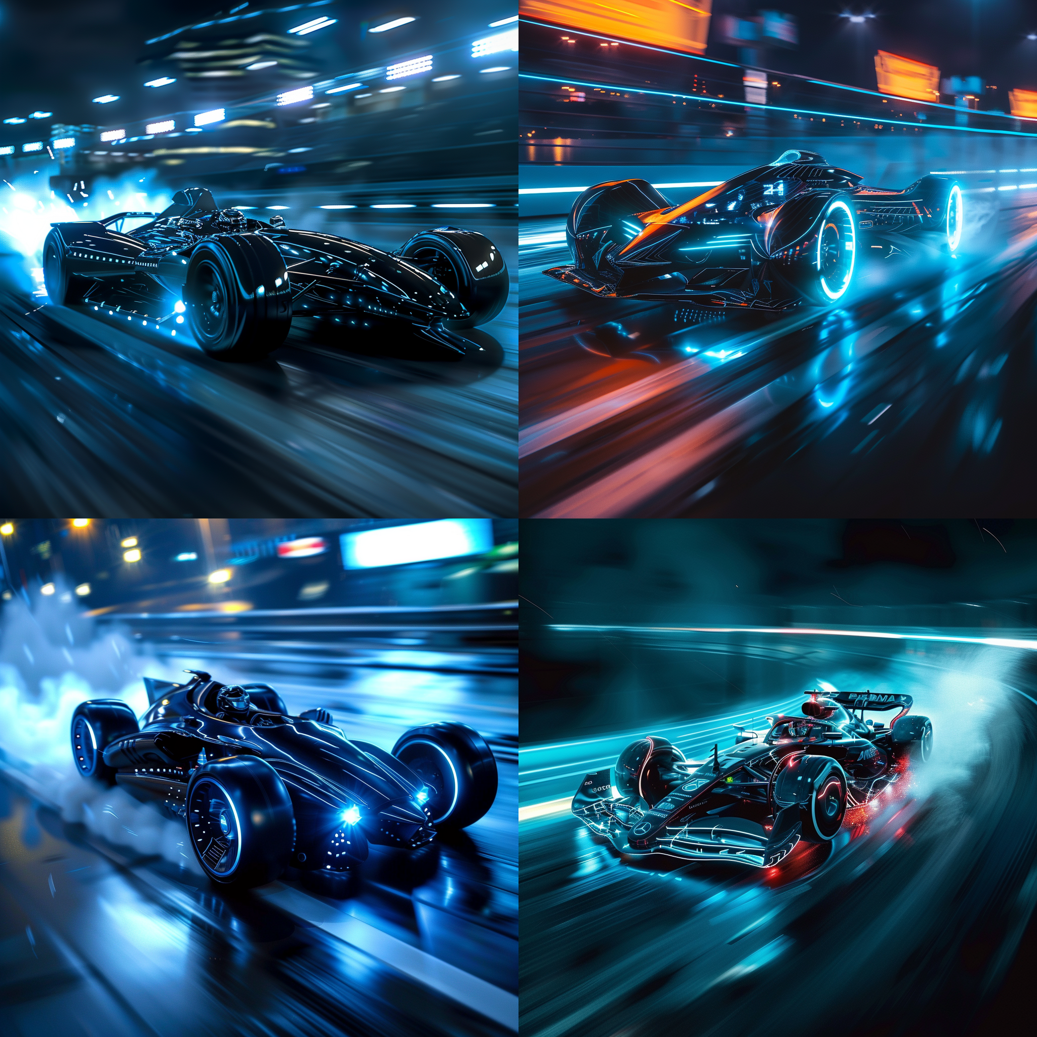 赛车在高速行驶，流线型设计，黑色金属外壳，蓝色led灯光，烟雾喷射，夜间场景，广角镜头，动感十足，紧张刺激，冷色调，未来科技风格，自信。