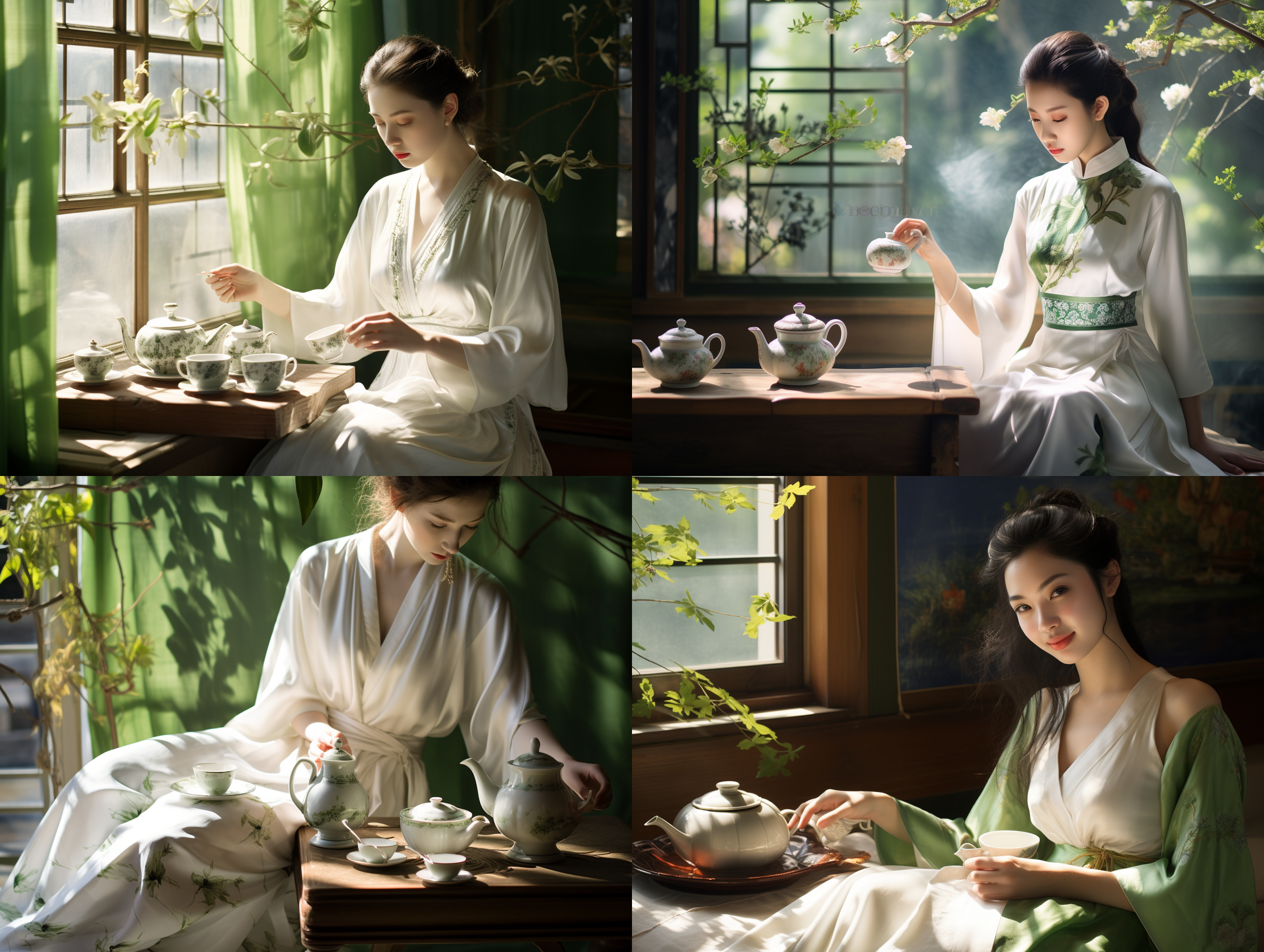 阳光，茶室，中国姑娘，瓷器茶具，品茶，满足，享受， 充满阳光 腰部以上 白绿 碧玉 纱绸 镜头光晕 禅宗室内 瓷器 丝绸